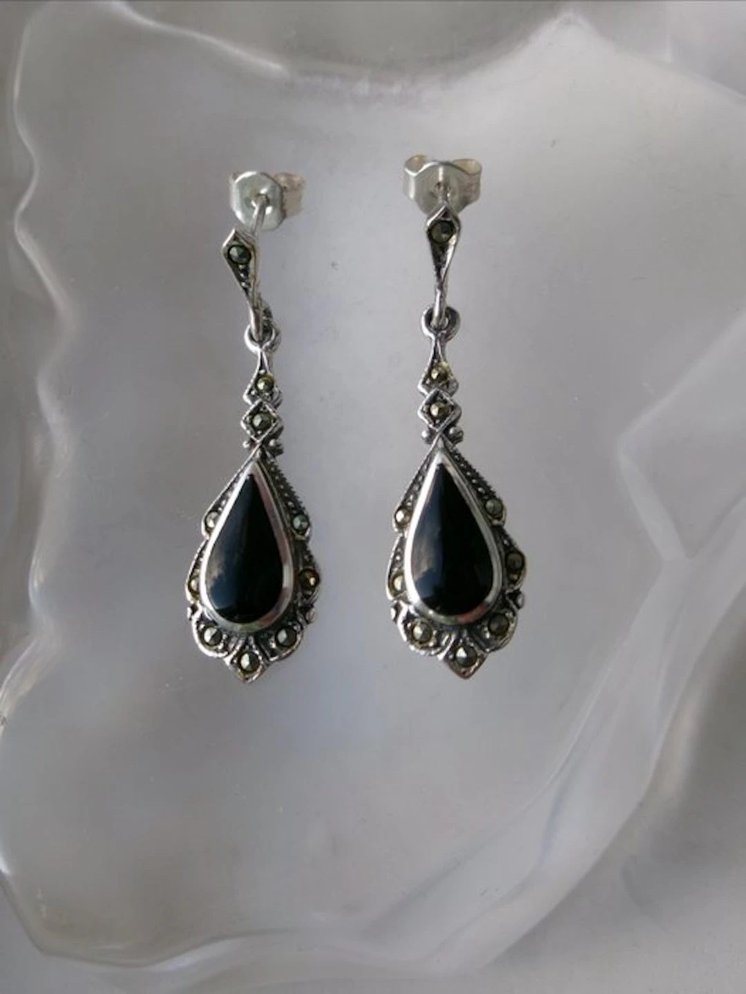 Silver, Onyx & Marcasites - Earrings - Art Deco Style