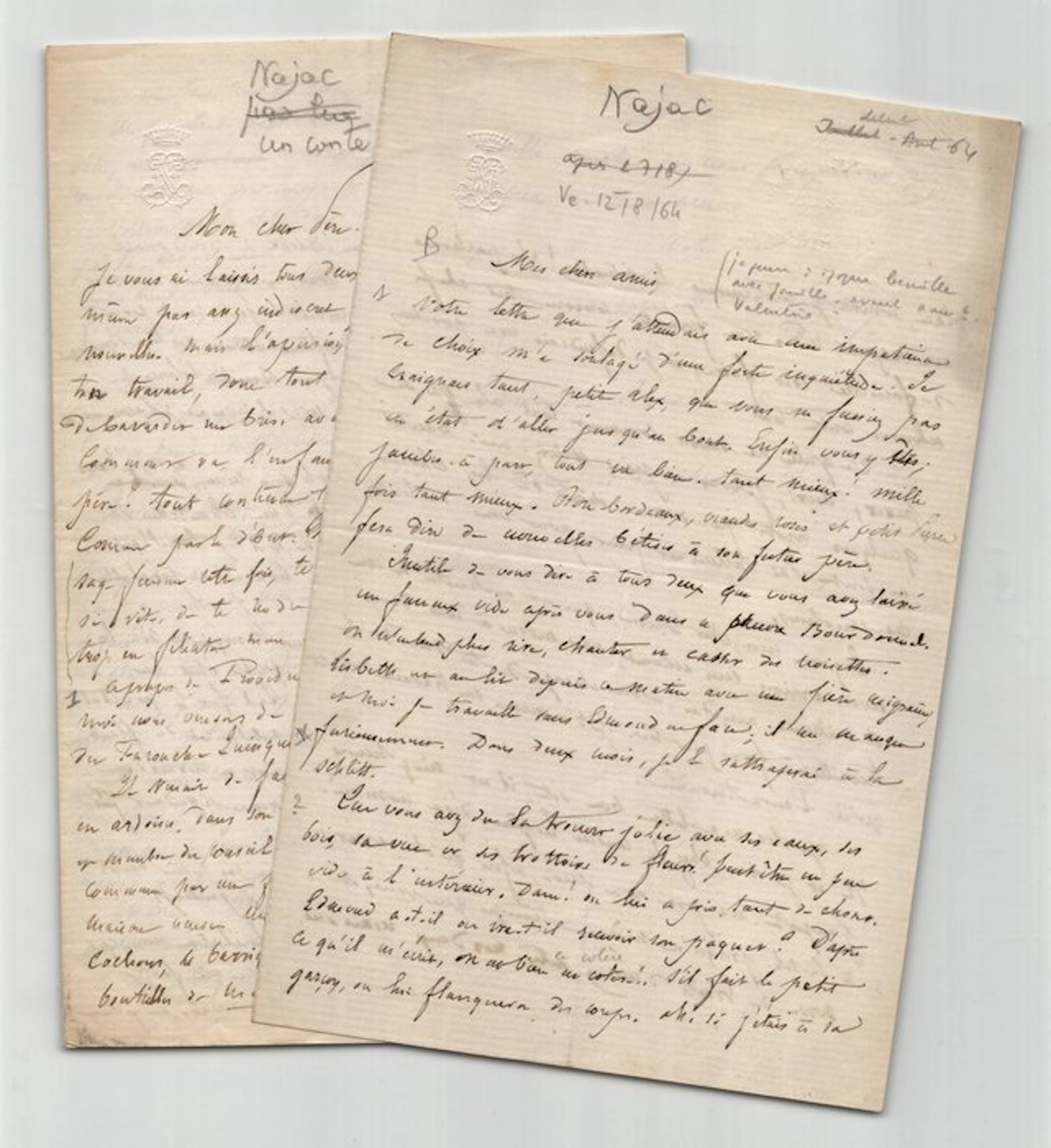 Émile de Najac - Lot de deux lettres autographes signées à Edmond About - 1864
