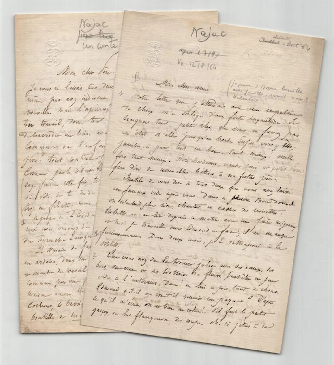 Émile de Najac - Lot de deux lettres autographes signées à Edmond About - 1864