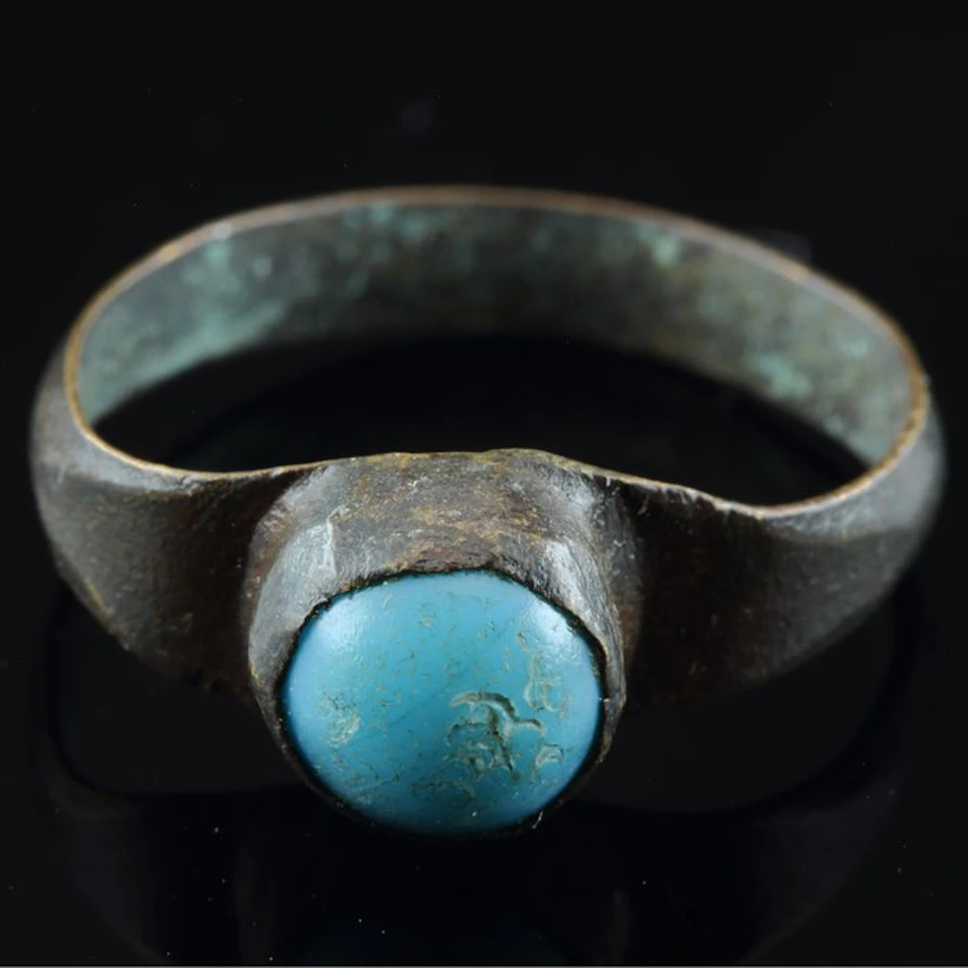 Byzantine Bronze Byzantine bronze ring with blue glass...