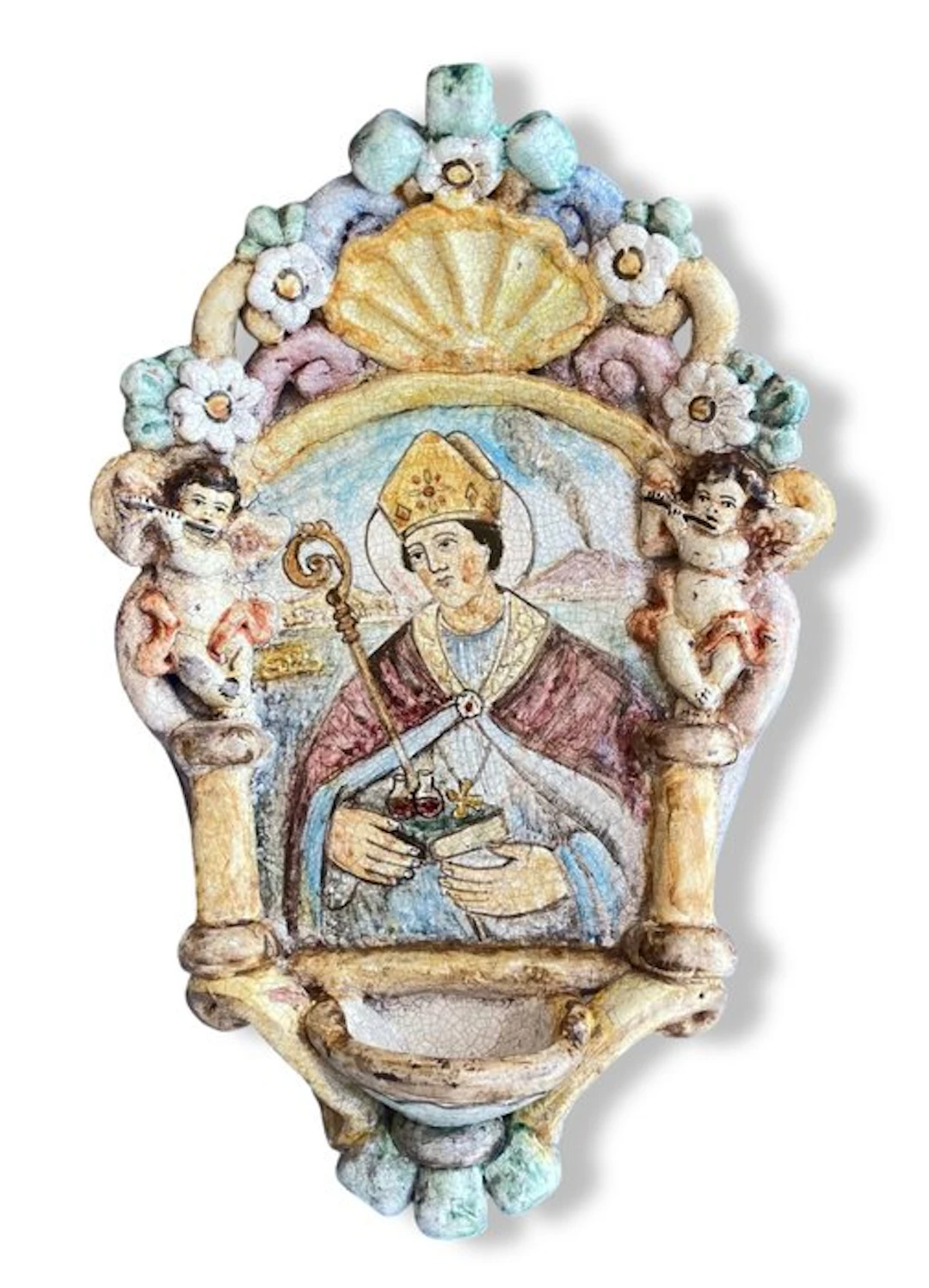 Baroque Holy water font - ceramica Salernitana - 20th century - San Gennaro