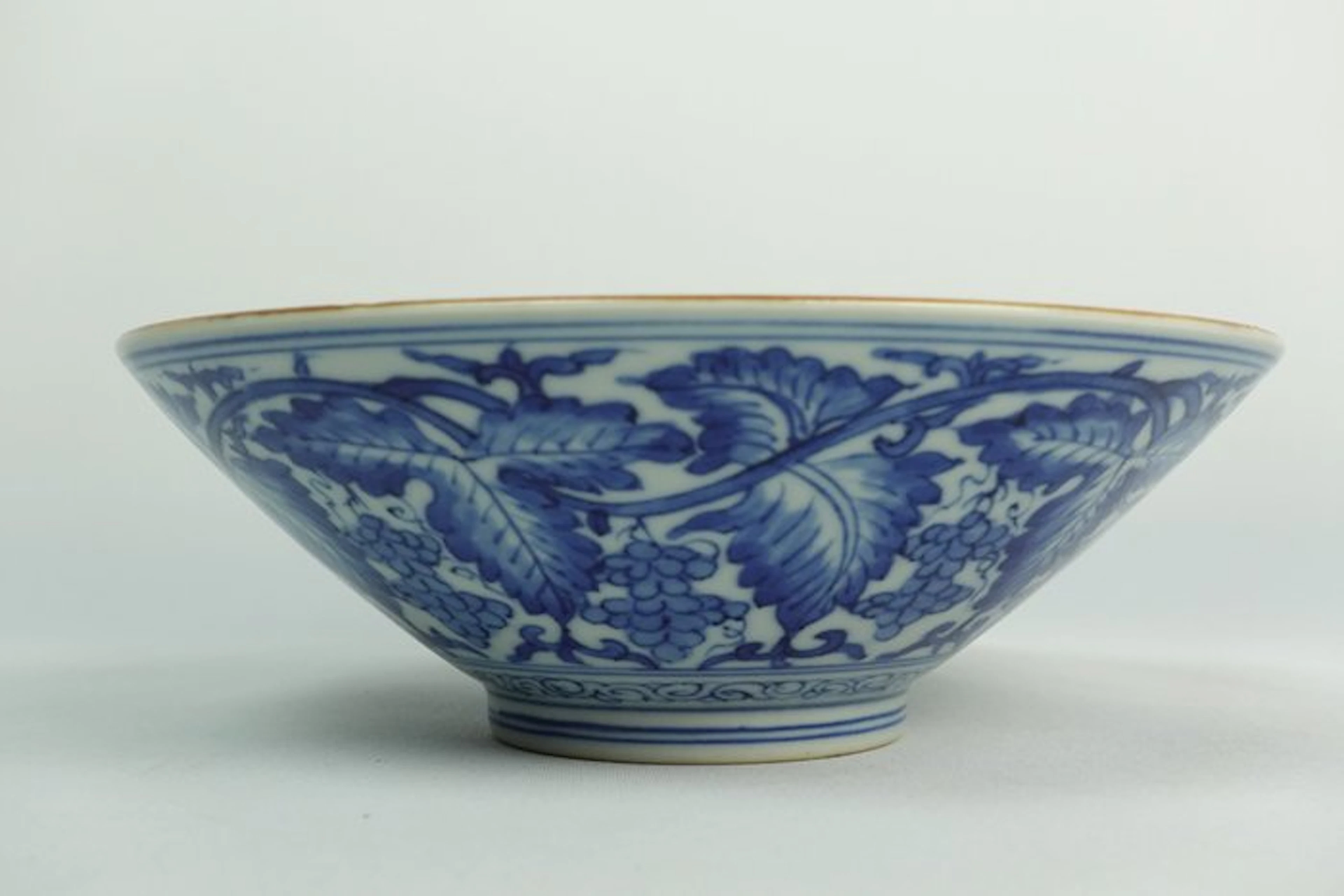 Blue-and-White Grape-Leaf Conical Bowl - Porcelain...