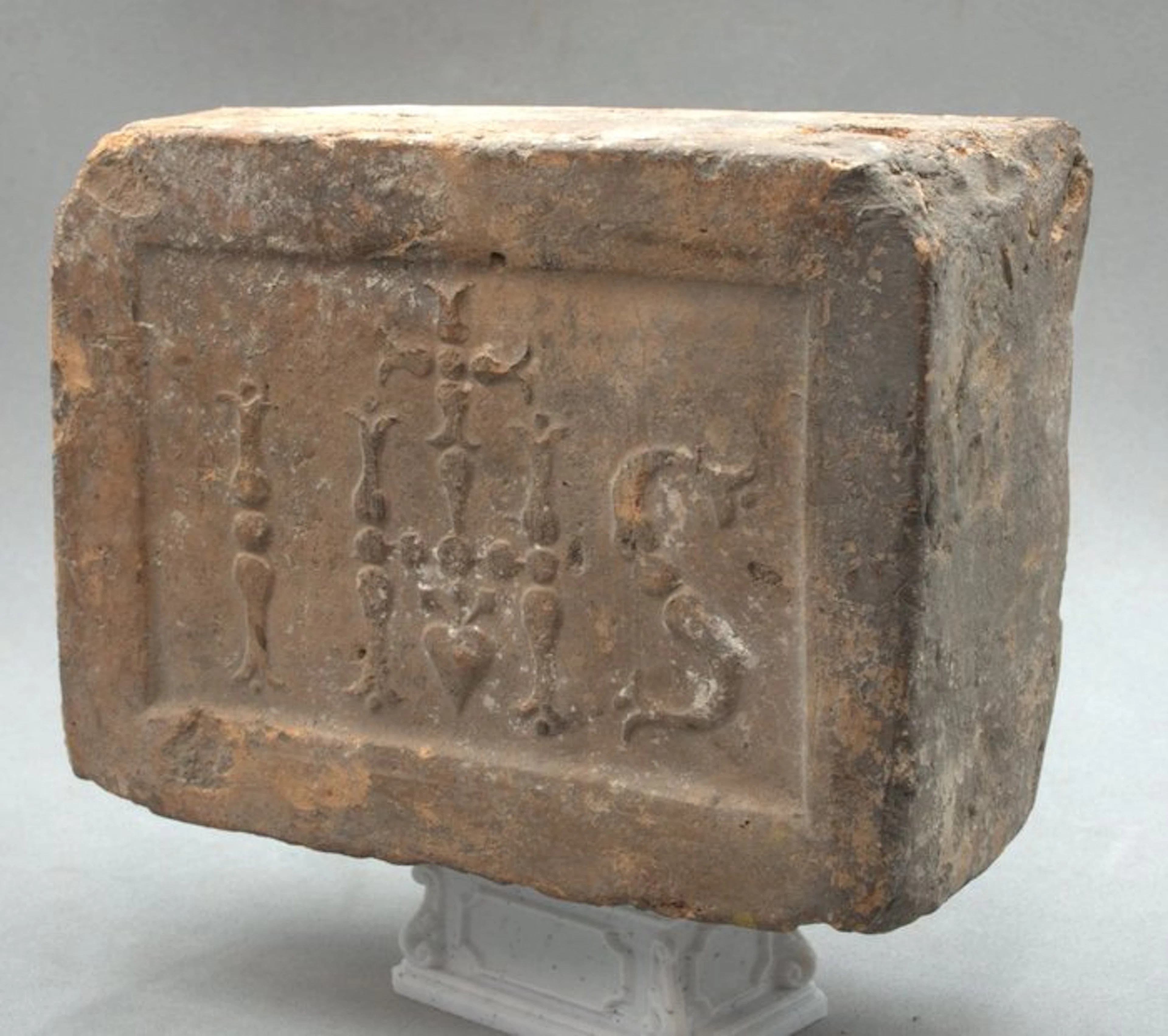 16th-17th century pottery fireback/hearth brick decorated...