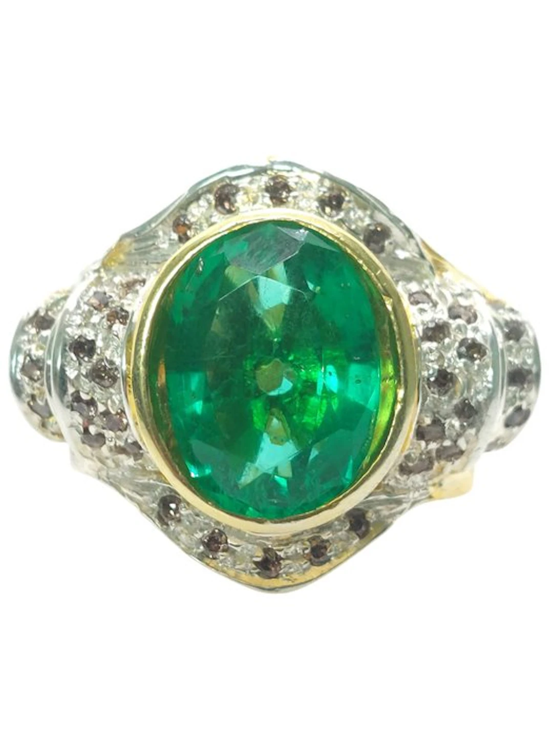 No reserve price - Ring - 9 kt. Silver, Yellow gold Emerald - Diamond