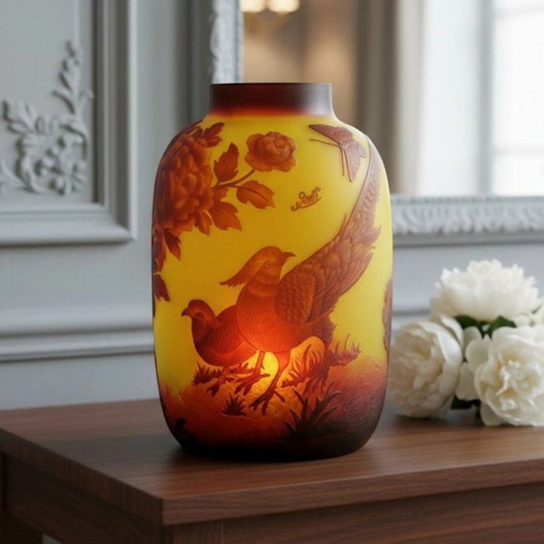 Émile Gallé (1846-1904) - after - Vase - Glass - Pheasants Decor