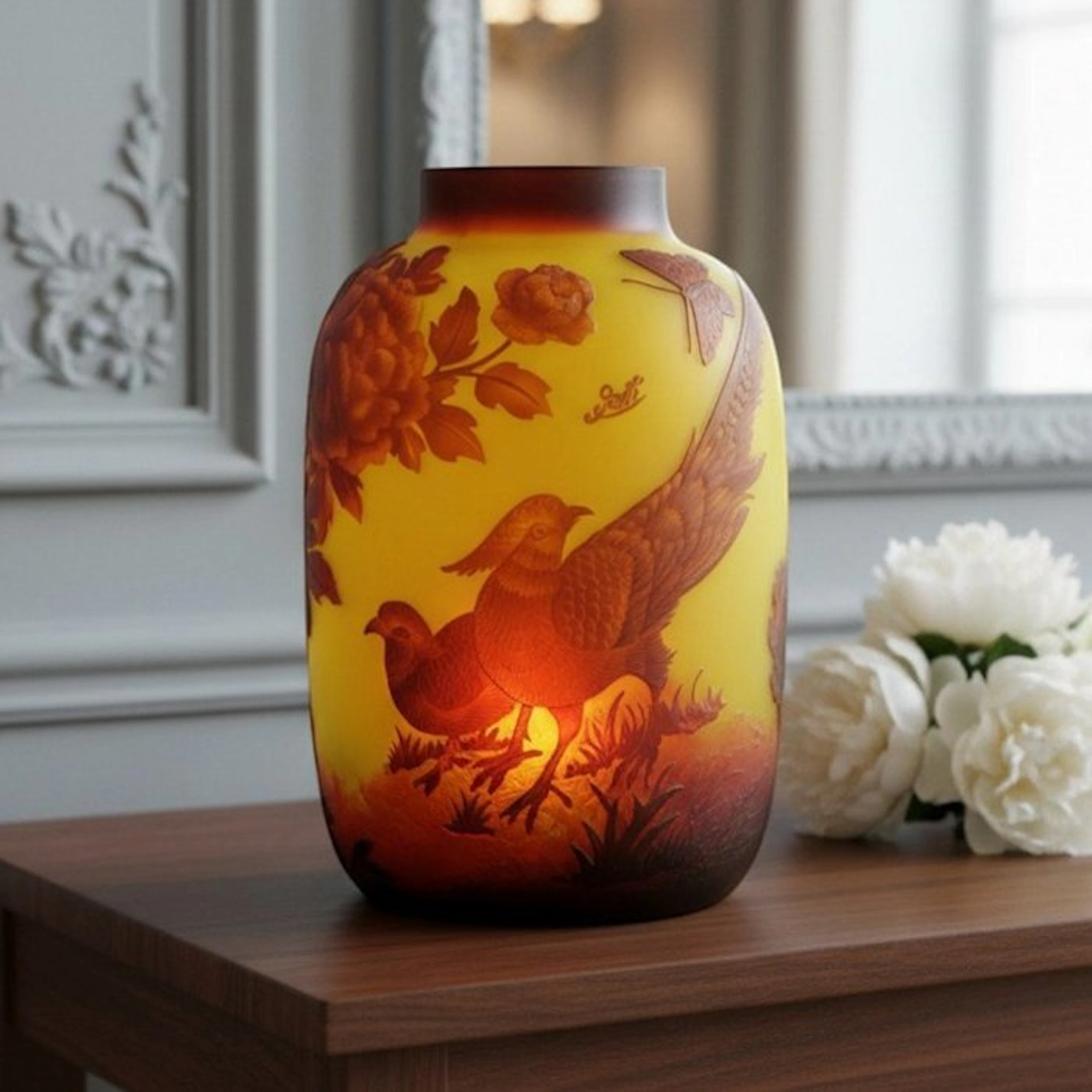 Émile Gallé (1846-1904) - after - Vase - Glass - Pheasants Decor