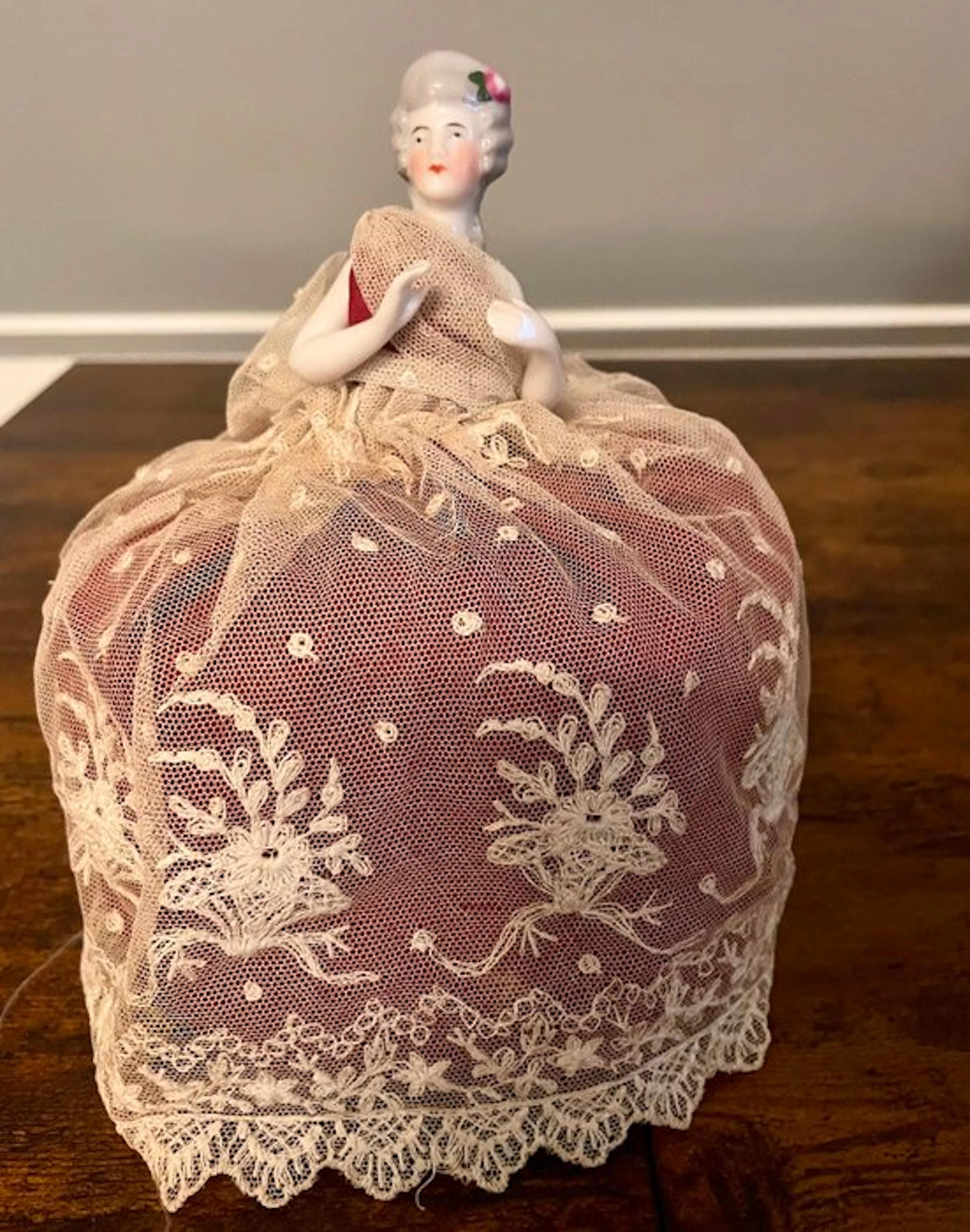 Figurine - Porcelain half doll pincushion - Porcelain, Textile