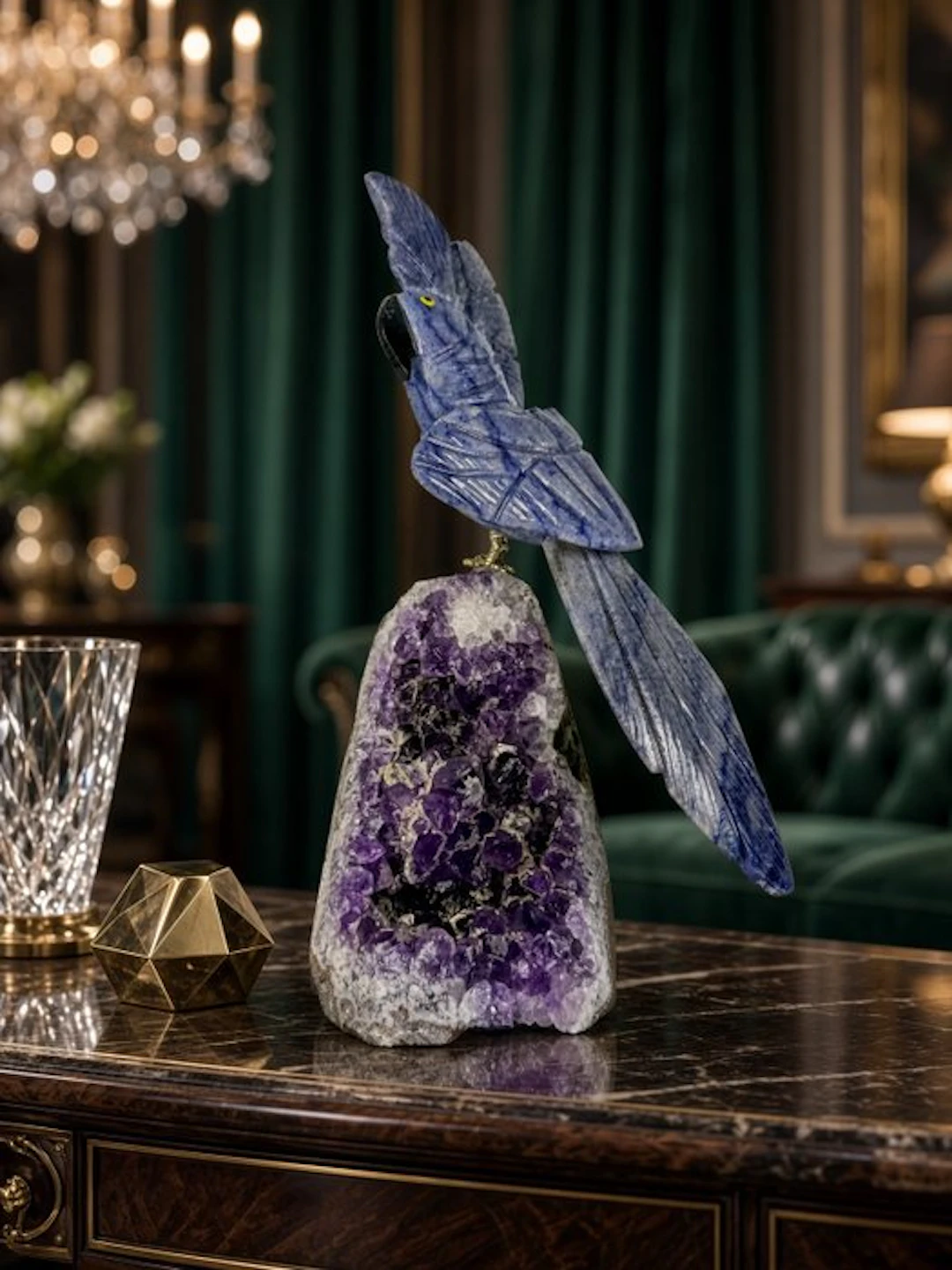 Rare piece - Hand-carved blue natural-stone parrot on...
