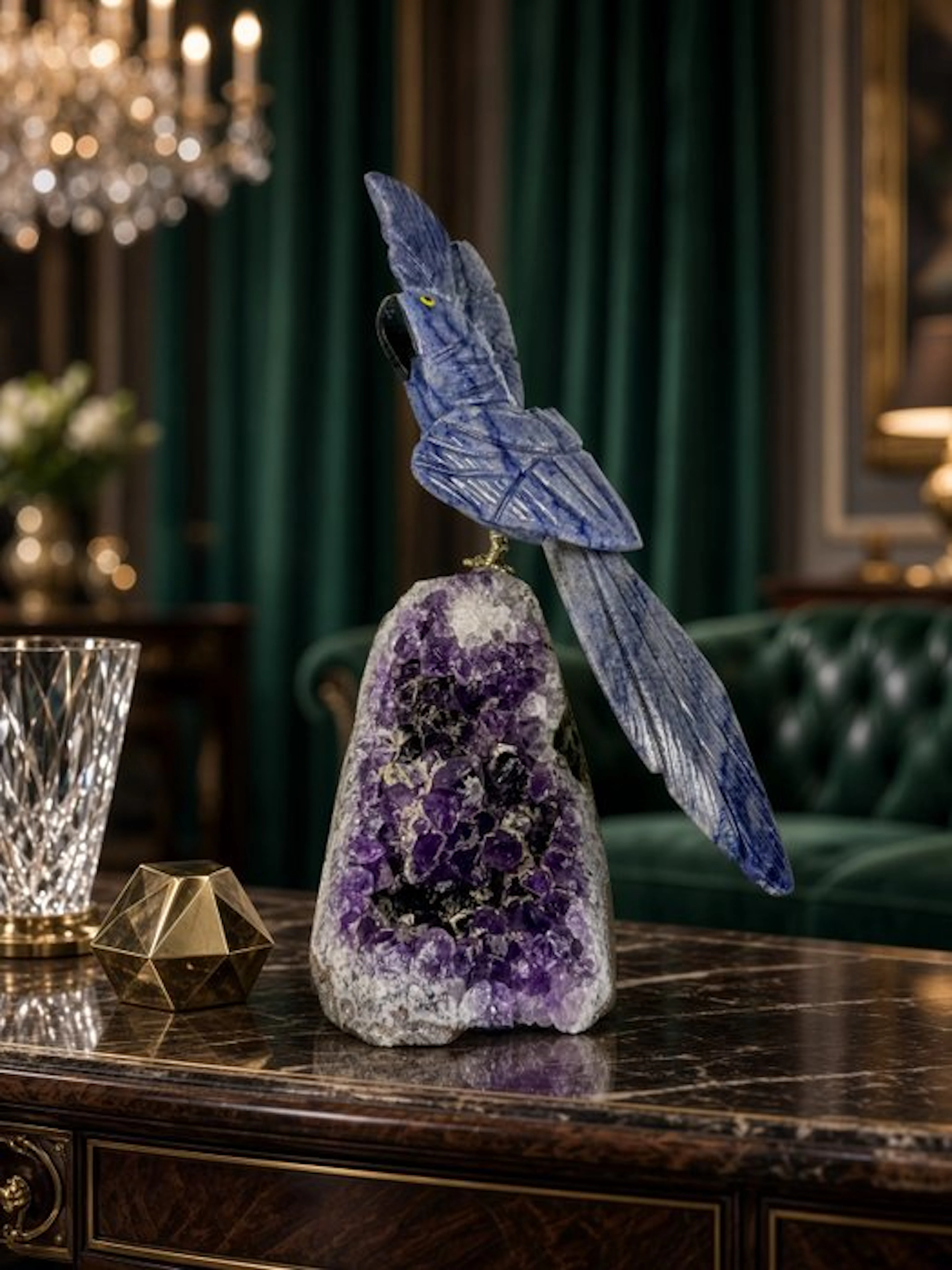 Rare piece - Hand-carved blue natural-stone parrot on...
