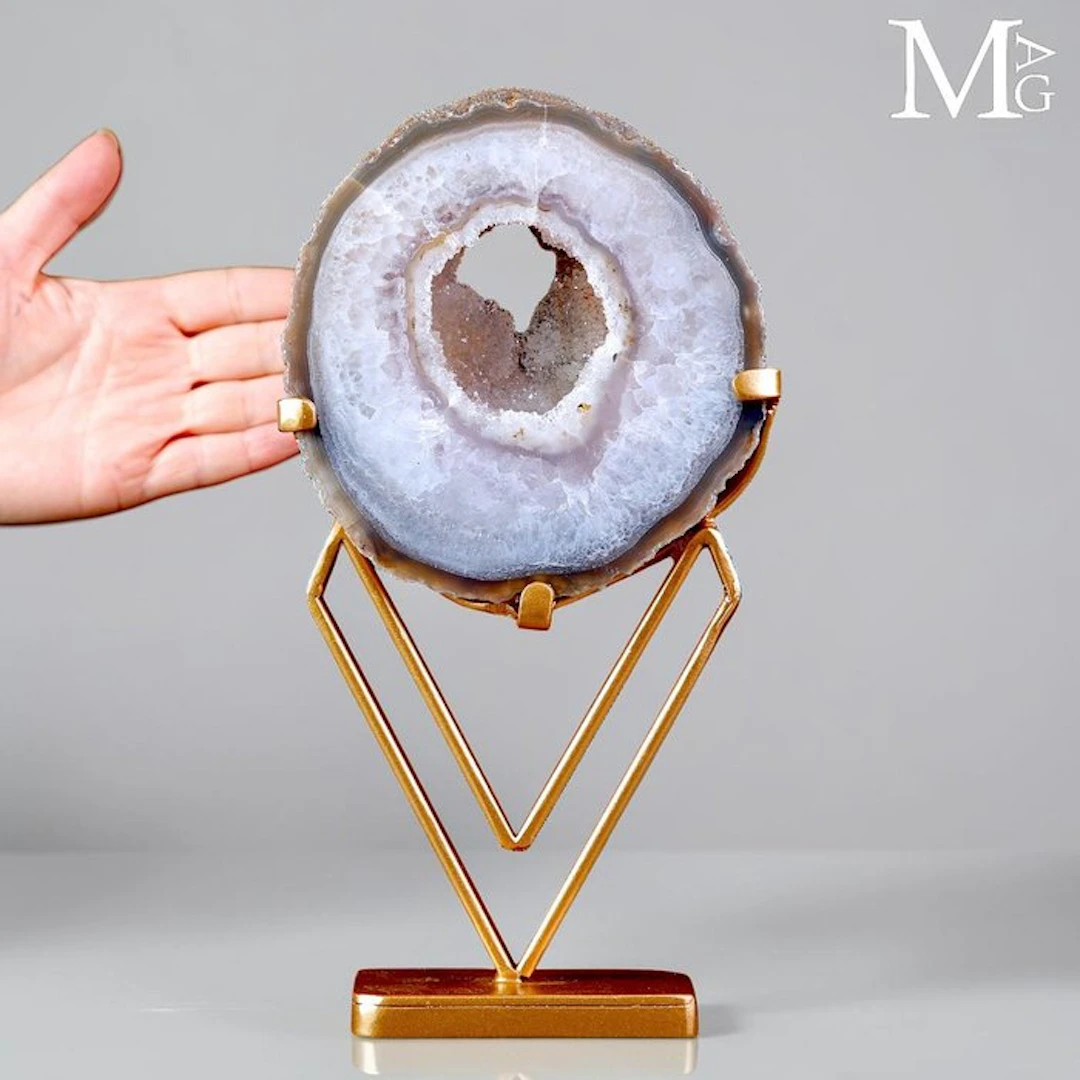 Polished Agate Geode Slice with a Sparkling Central...