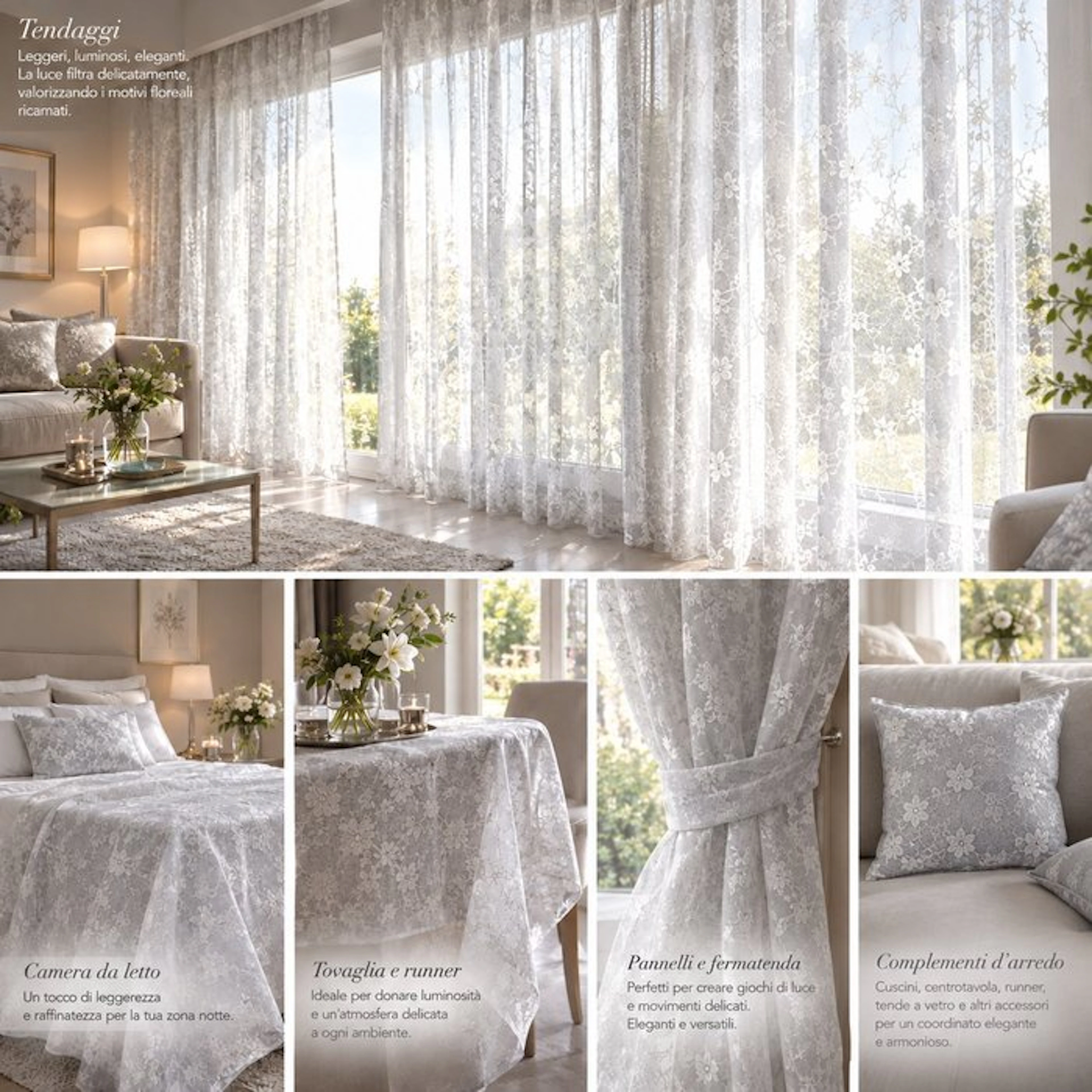 Elegant semi-transparent fabric in white and silver tones