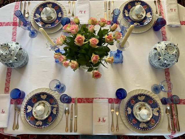 6 Early XXth Century damask linen napkins with hand embroidered J.L