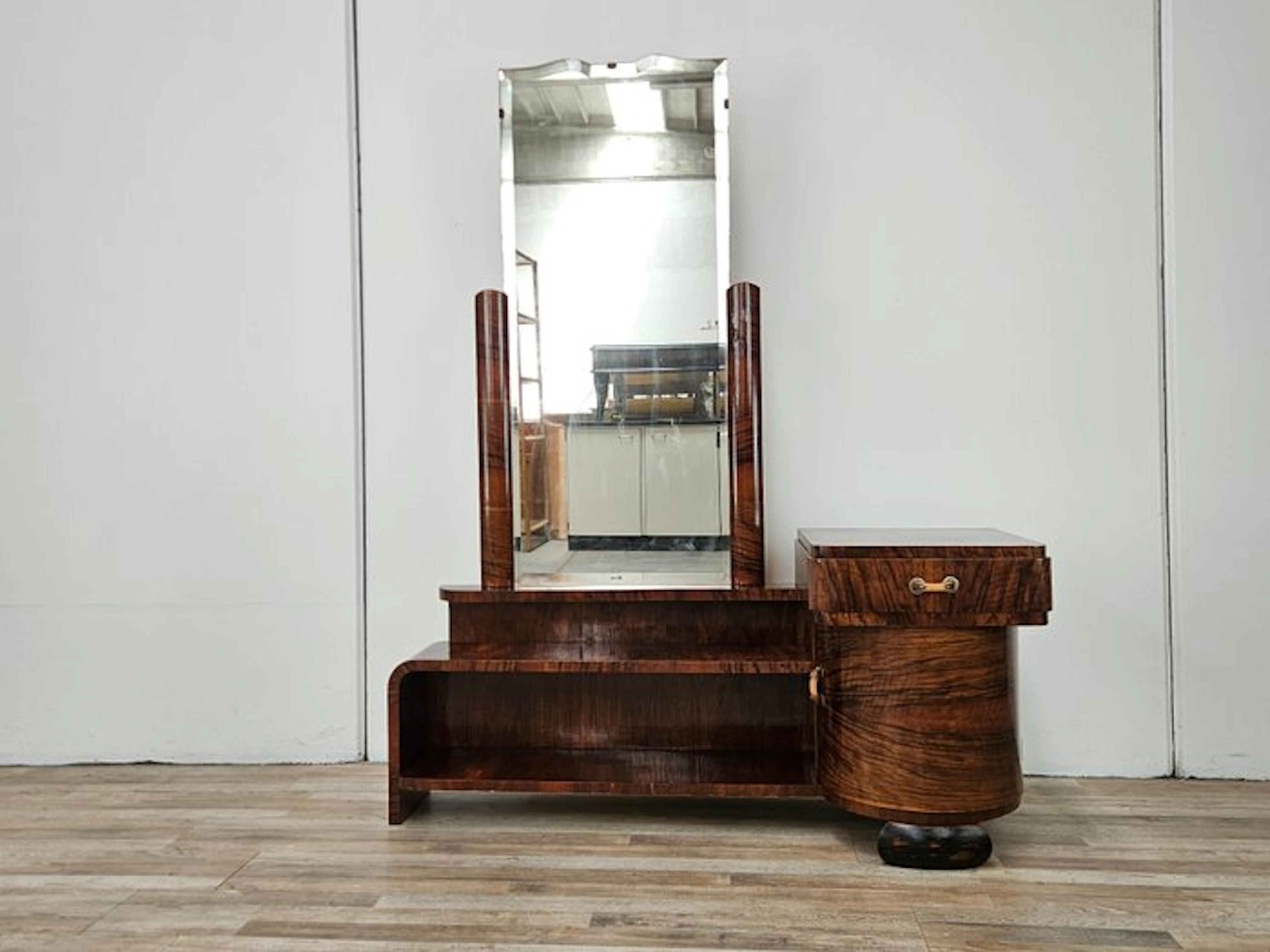 Cabinet - Art Deco walnut entryway vanity with mirror - Burr walnut