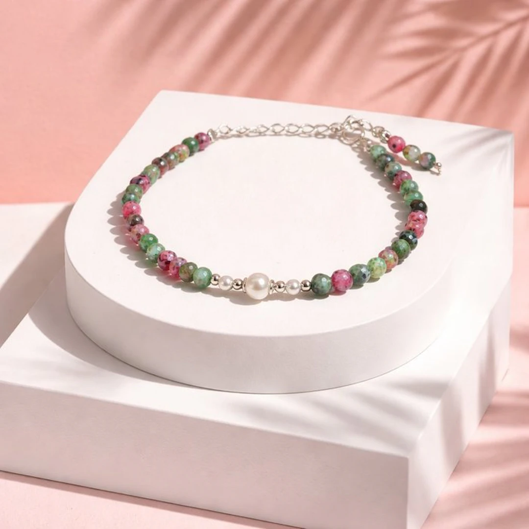 Pearl - Silver - Bracelet - Akoya pearls, ruby zoisite