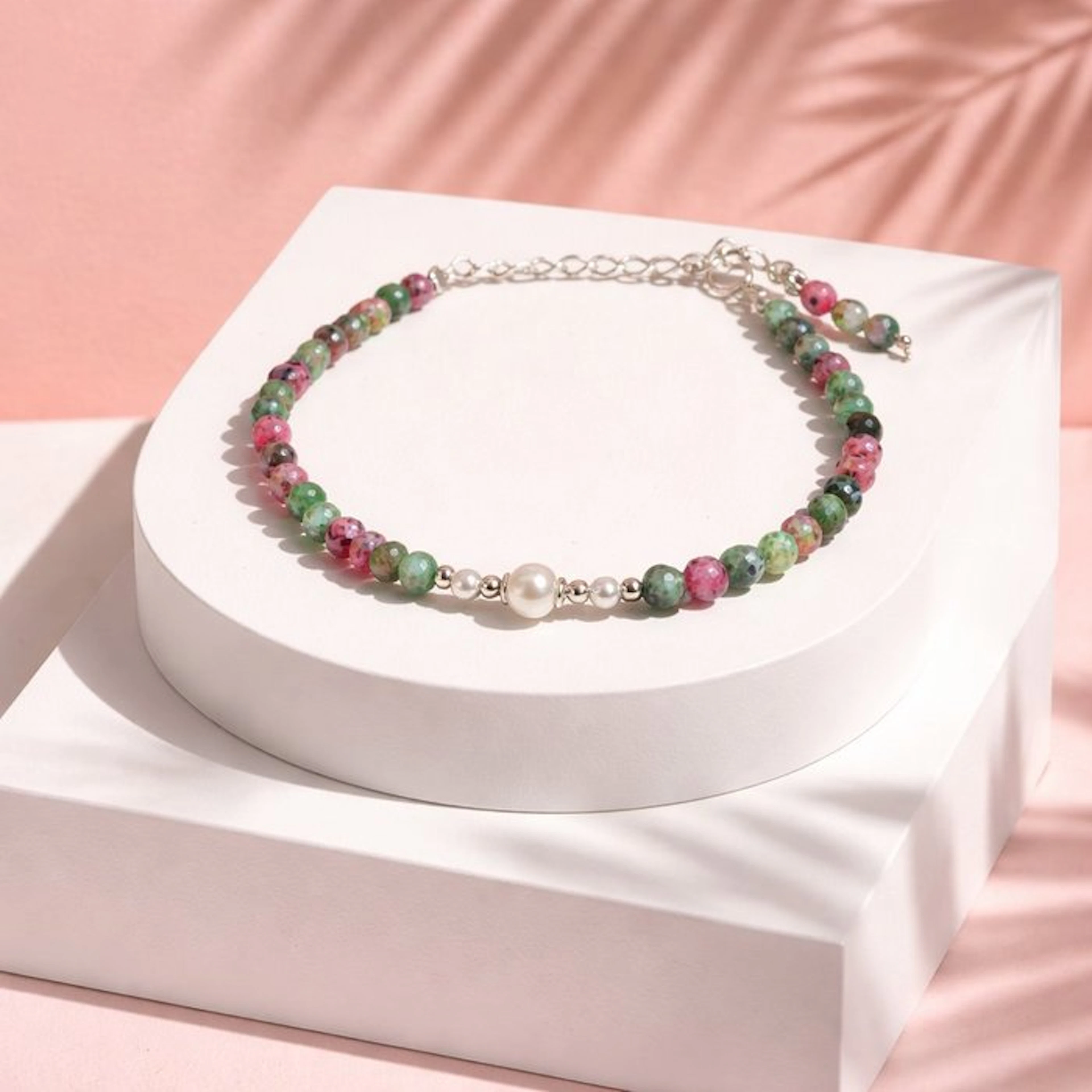 Pearl - Silver - Bracelet - Akoya pearls, ruby zoisite