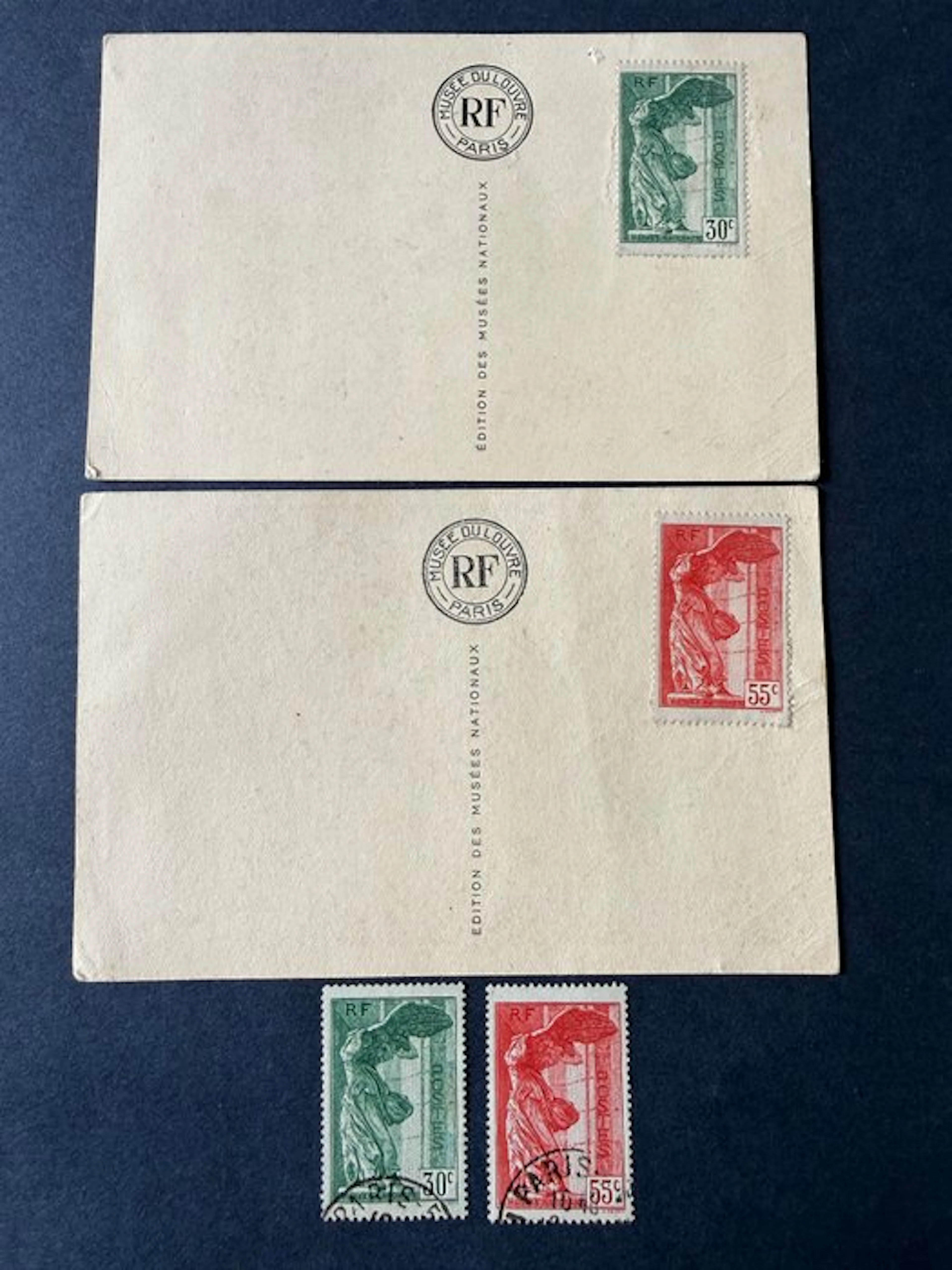 France - Yvert 354 and 355 "Samothrace" on postal cards and postmarks. TB.