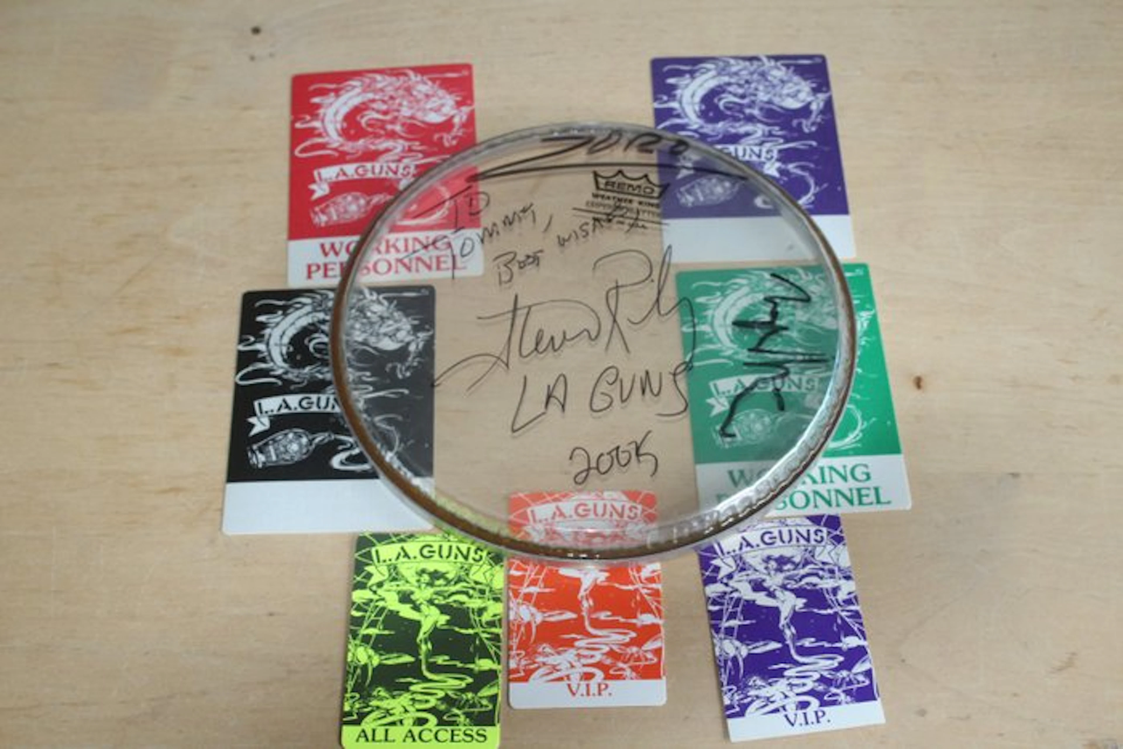 LA Guns & Lenny Kravitz - Steve Riley Signed Drum Head - 2000
