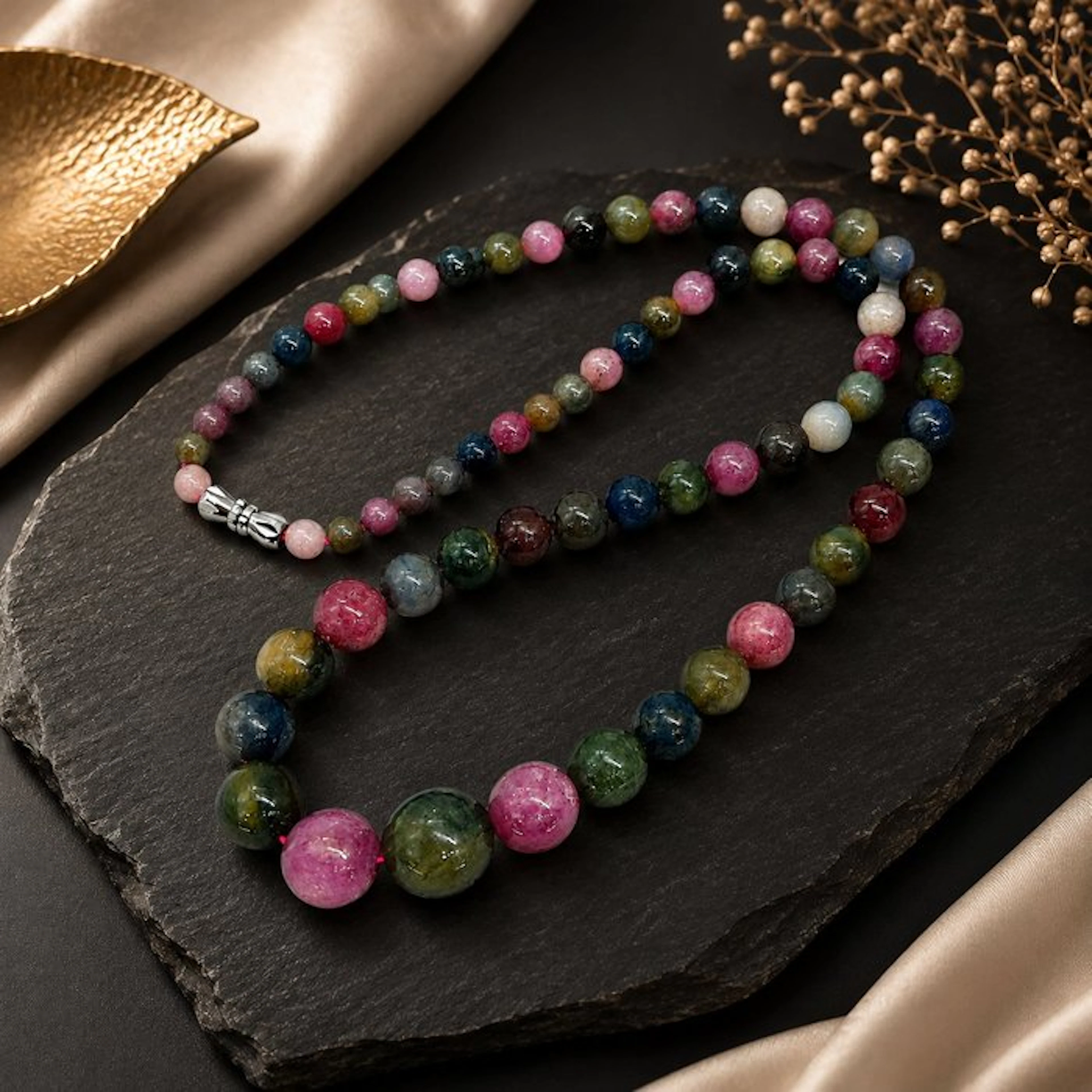 Elegant Multi-Gem Ruby & Sapphire Necklace - Natural 5-11 mm Stones