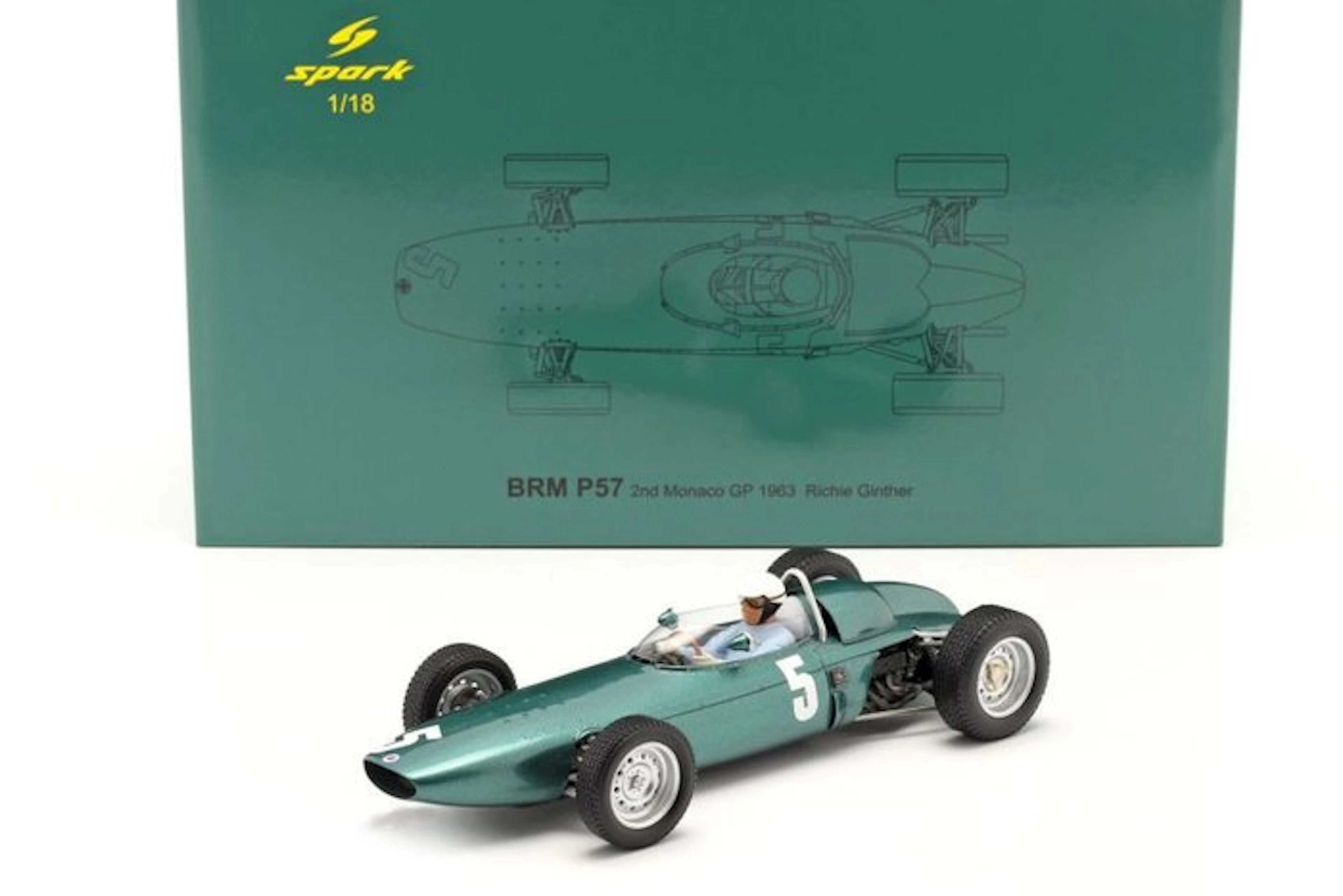 Spark 1:18 - Model race car - BRM P57 #5 2nd Monaco GP 1963 - Richie Ginther