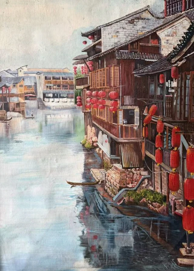 Oil painting on canvas " Jiangnan Water Town "《江南水乡》...