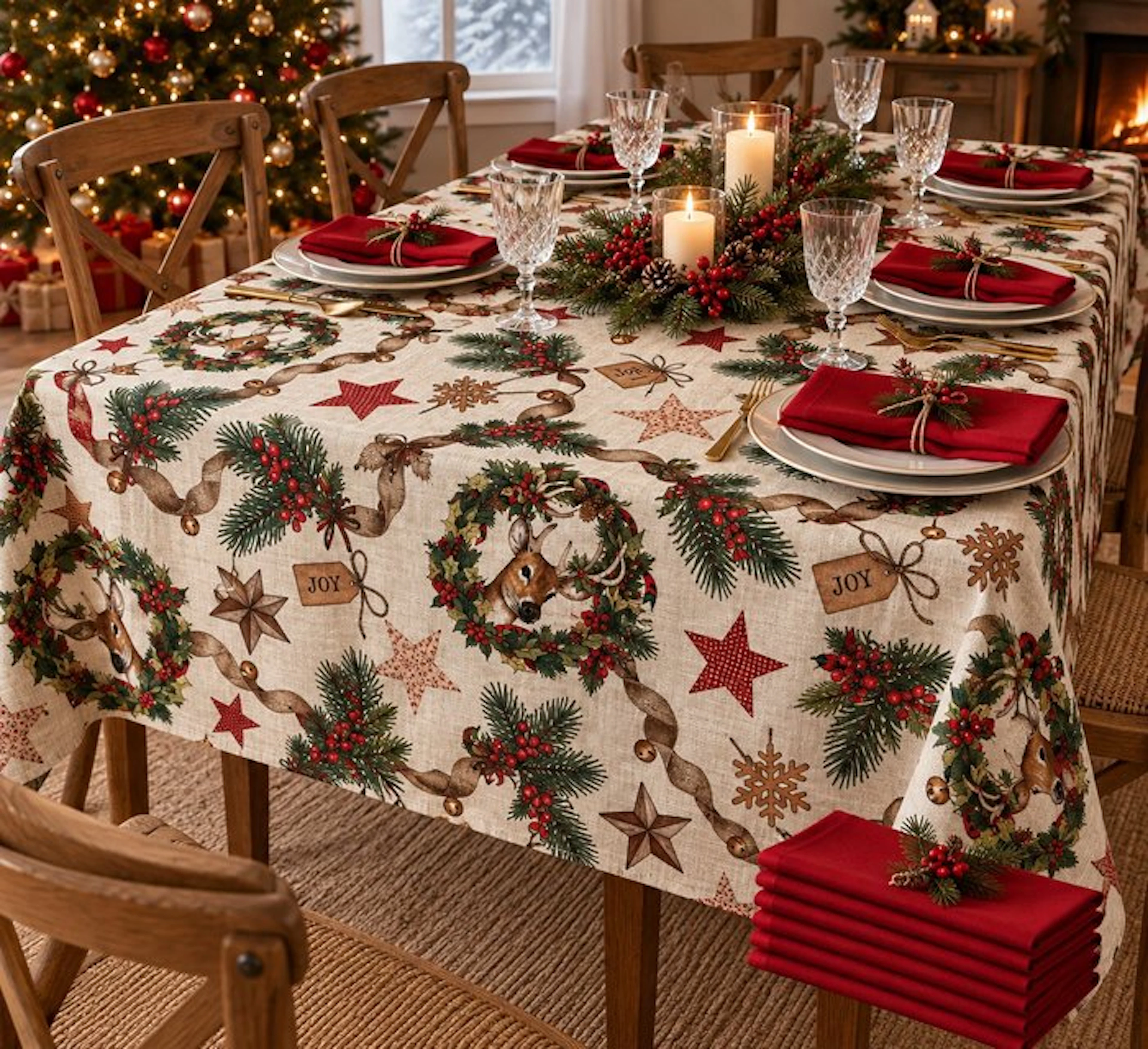 “Christmas in the Woods” – Cotton Tablecloth with 6...