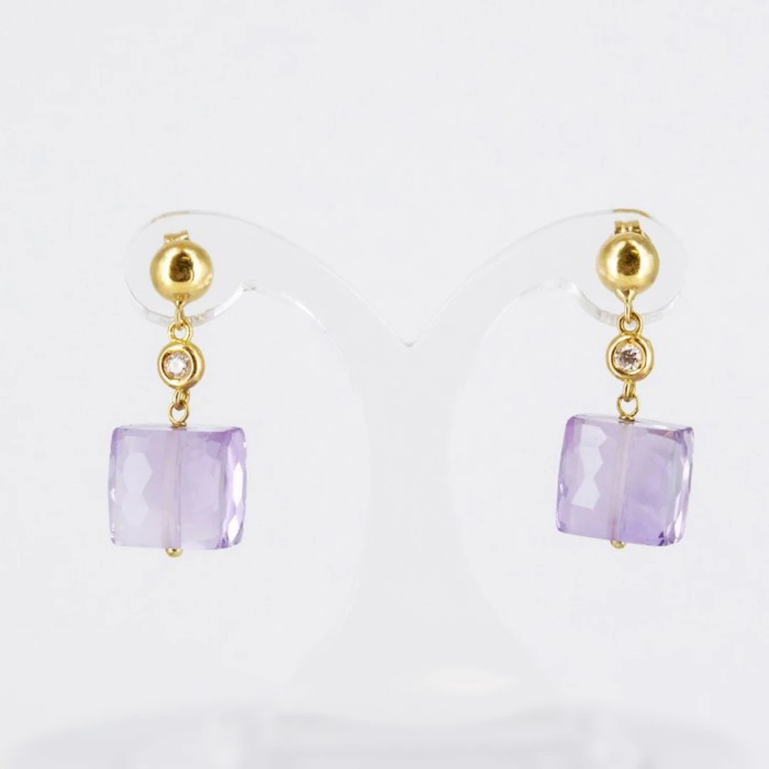Earrings - 18 kt. Yellow gold Amethyst - Diamond