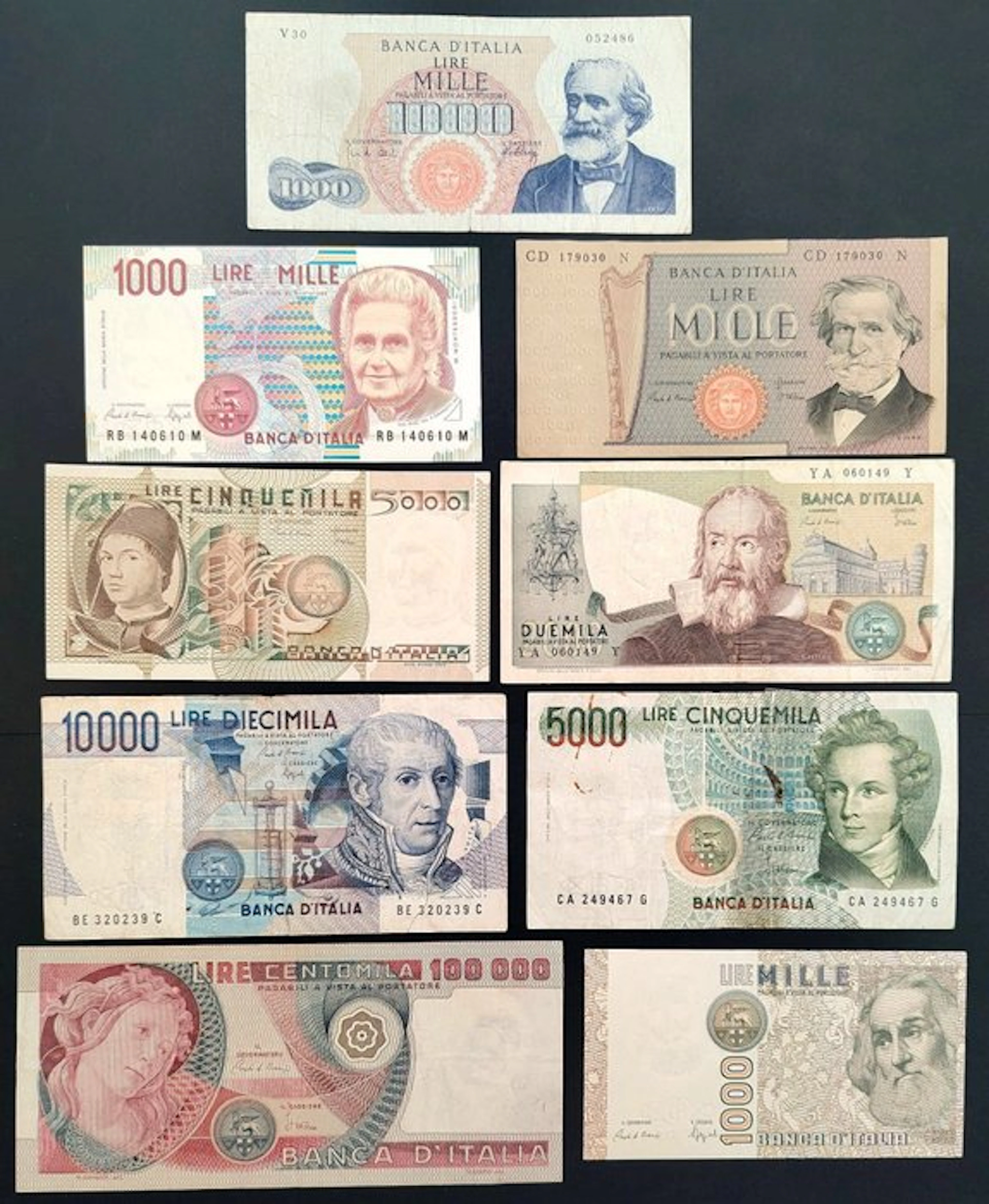 Italy. - 9 banconote Lire - anni vari - inclusa 100.000 Lire (No reserve price)