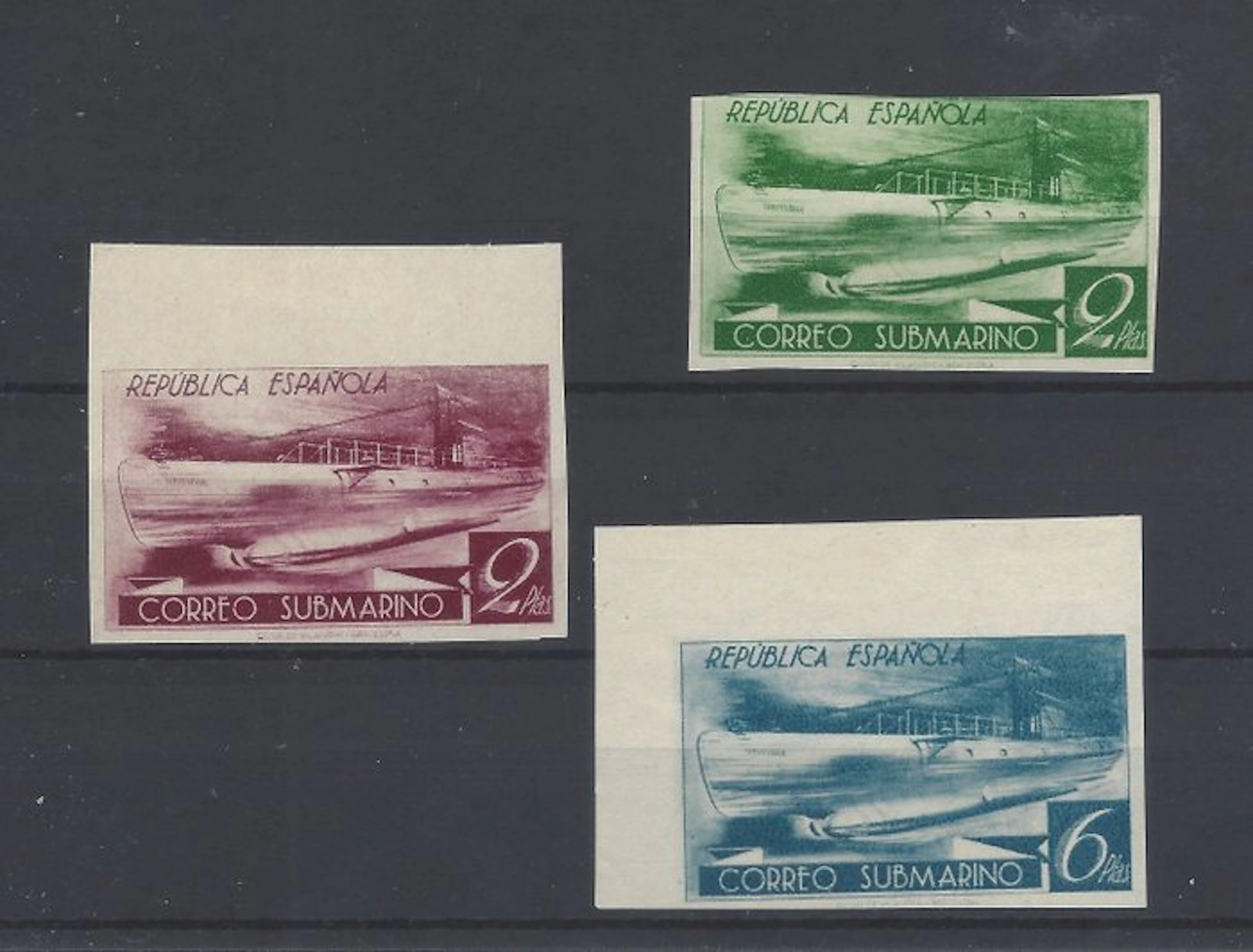 Spain 1938 - Submarino 2 and Pesetas—color errors - Edifil Esp