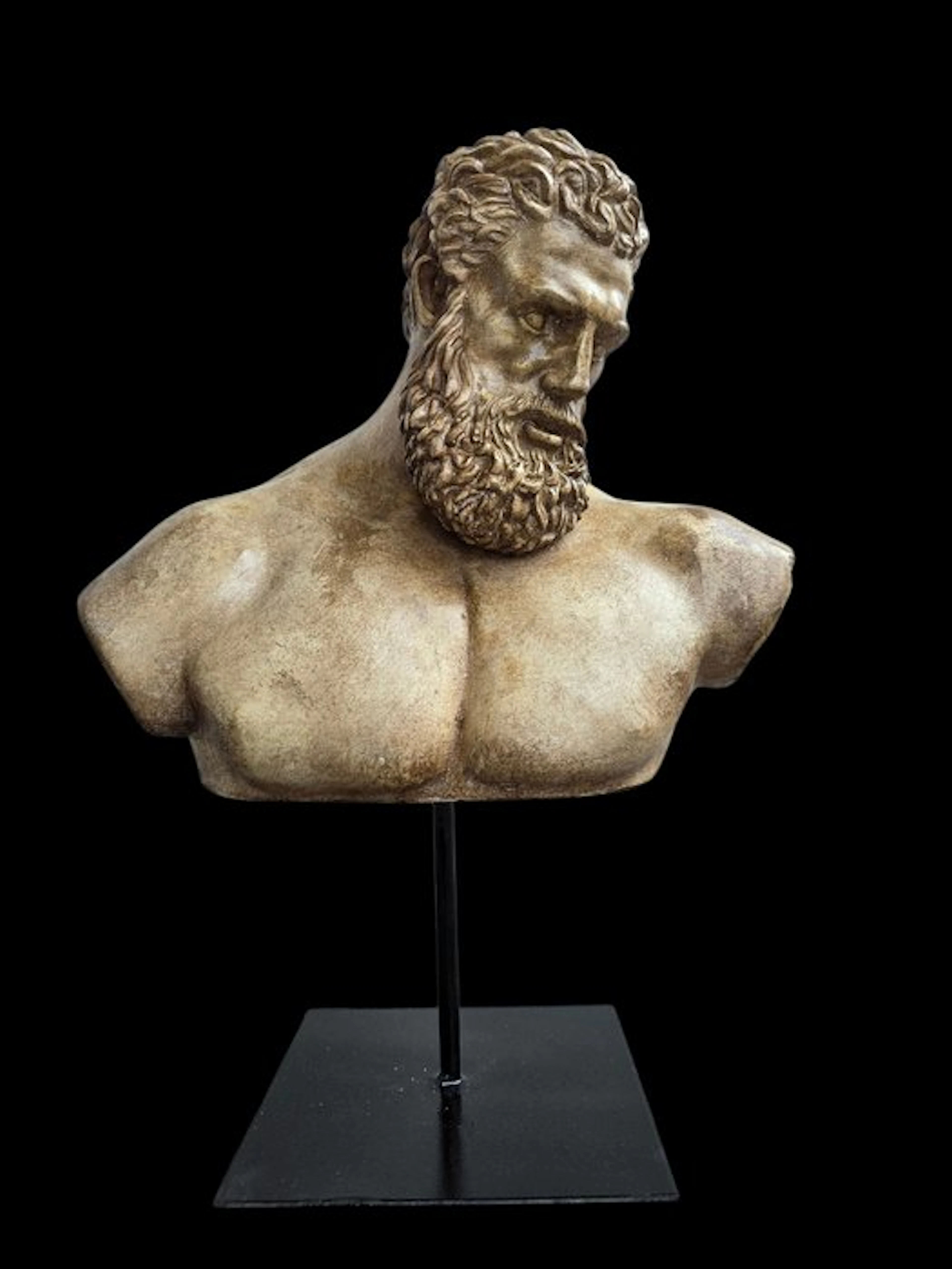 Figure - Hercules bust - 34 cm - marble powder mounted on a modern metal base