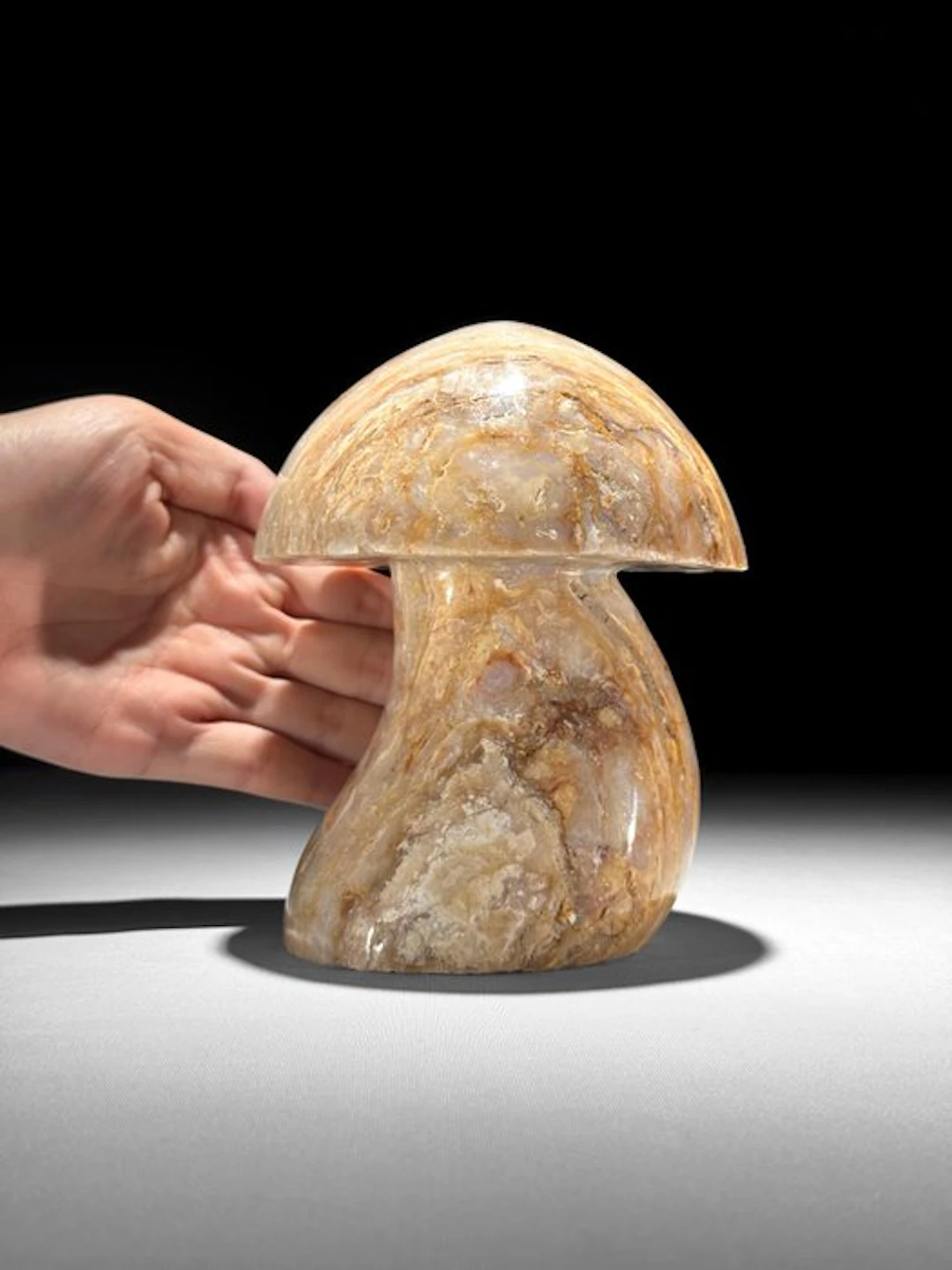 NO RESERVE PRICE - Hand-Carved Lace Agate Stone Mushroom...