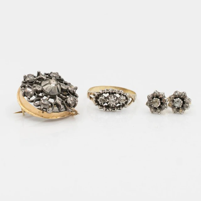 3 piece jewellery set - 14 kt. Yellow gold, Silver