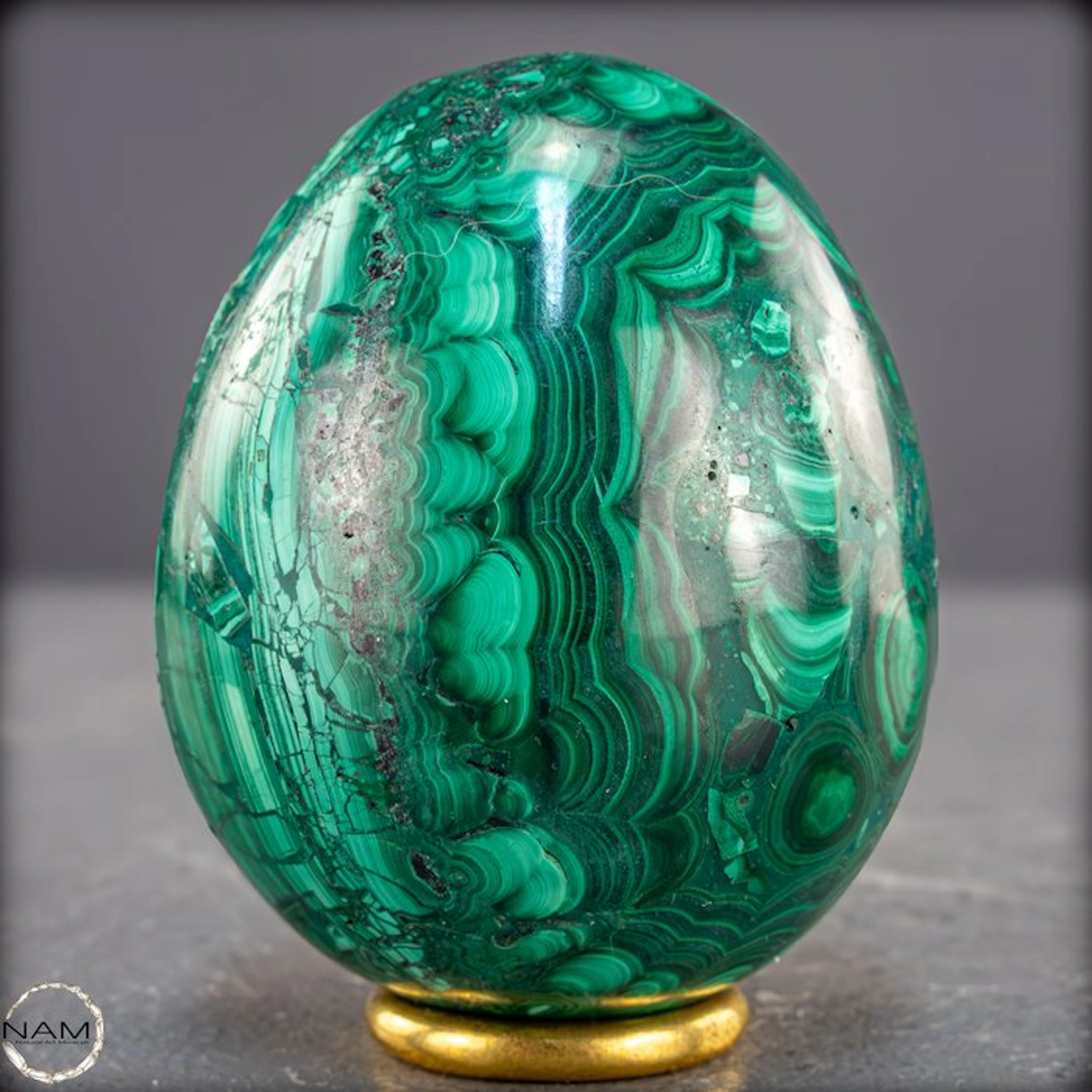 Natural malachite egg – intensely banded and expressive- 389.65 g