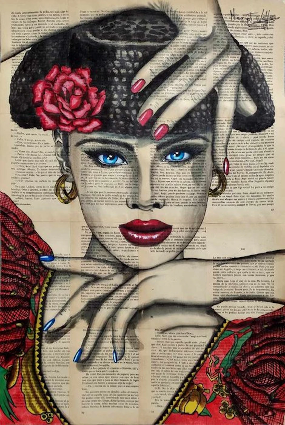 Margot Laffon - Blue and Red Flamenco - Original - Completely hand-painted