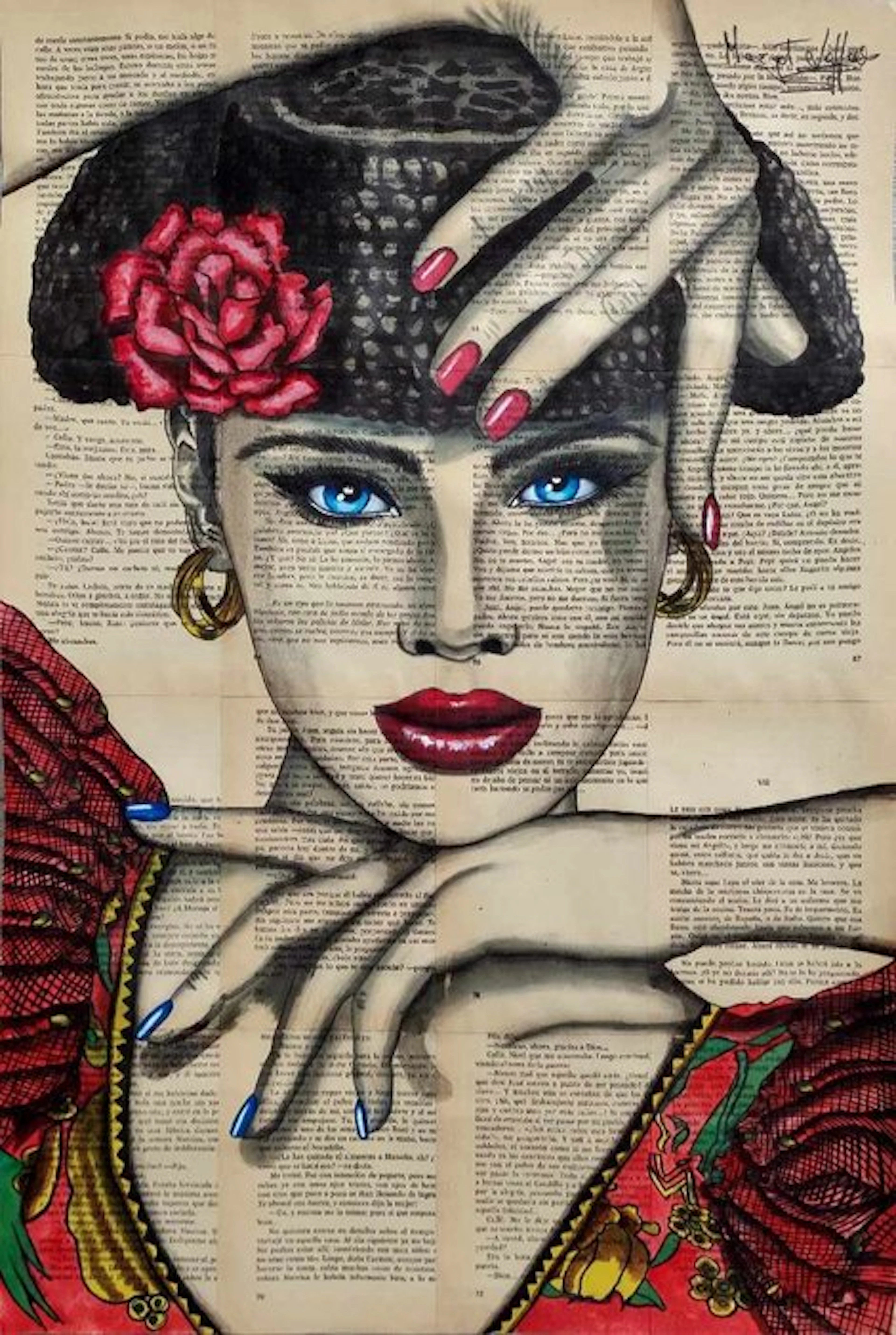 Margot Laffon - Blue and Red Flamenco - Original - Completely hand-painted