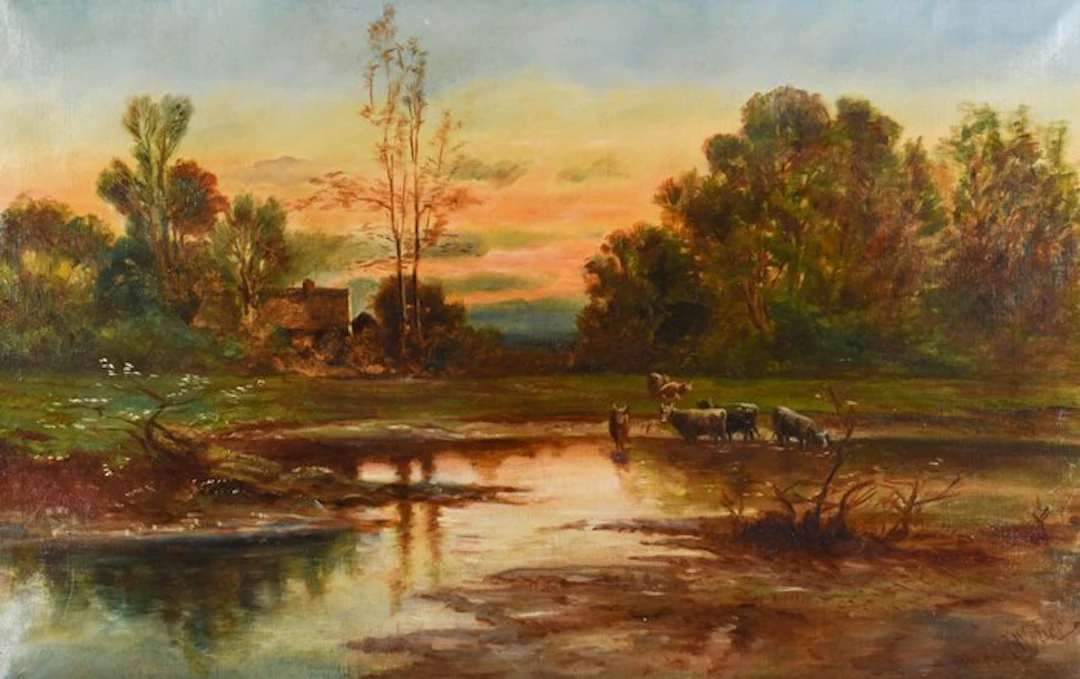 European School (XX), signed Carl Weber - Idyllisch landschap bij zonsondergang