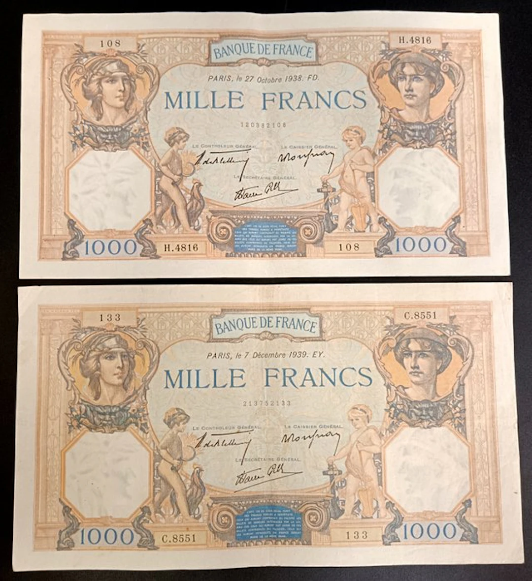 France. - 2 x 1000 Francs - 1938/1939 (No reserve price)