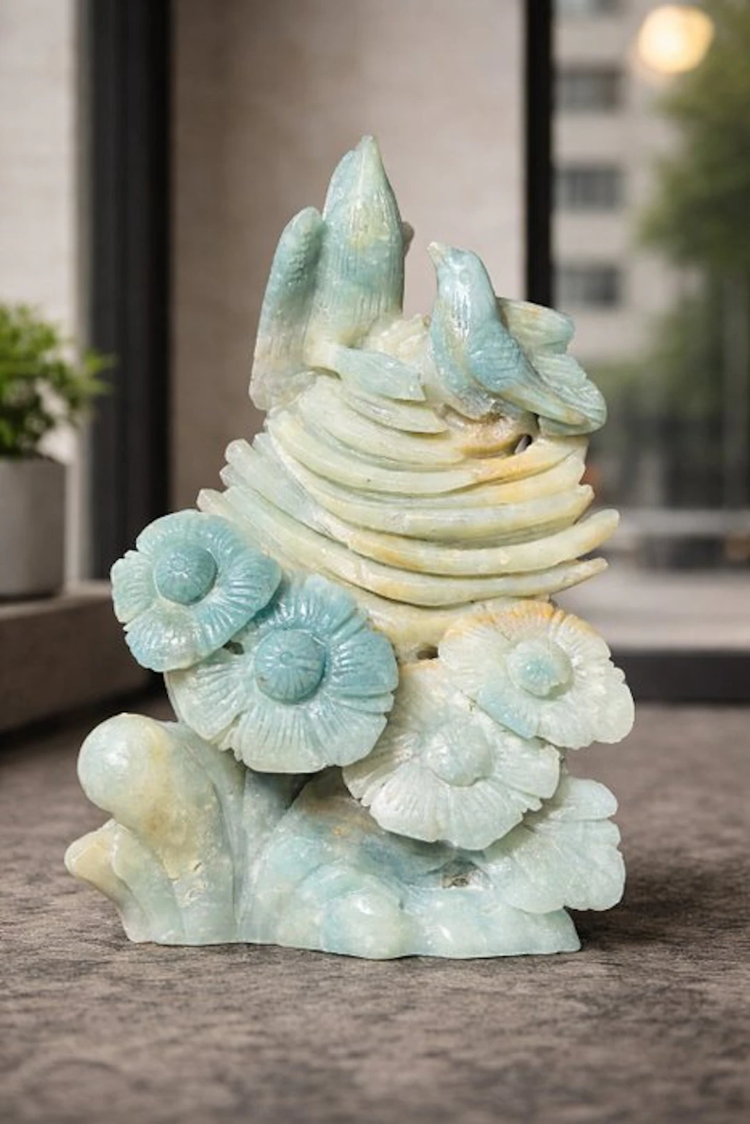 Amazonite Love Birds and Flowers Carving - Handmade...