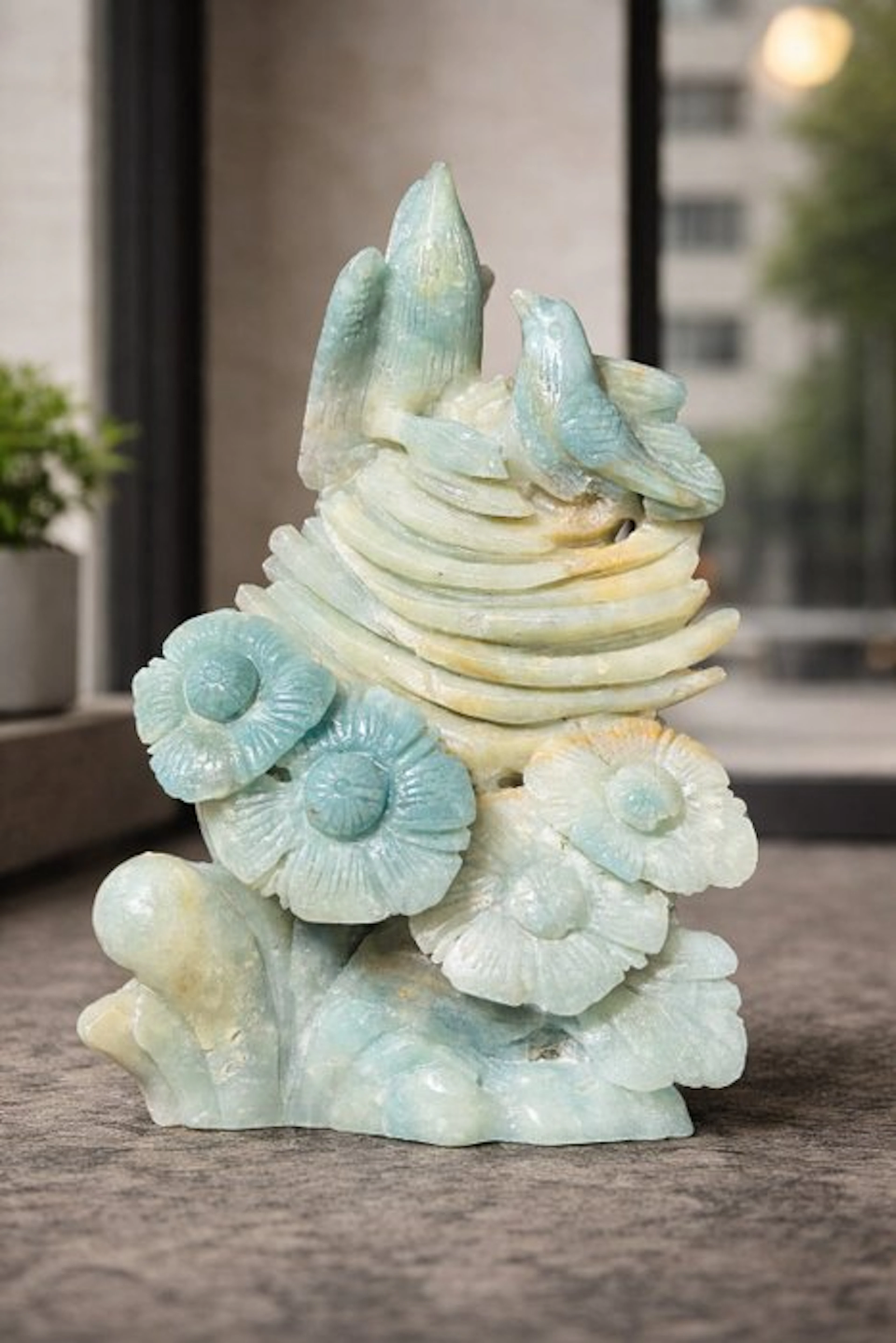 Amazonite Love Birds and Flowers Carving - Handmade...