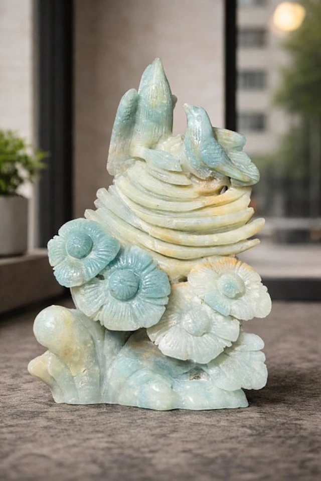 Amazonite Love Birds and Flowers Carving - Handmade...