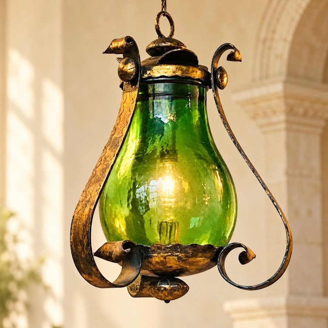 Hanging lamp - hand-blown artisanal, Wrought iron