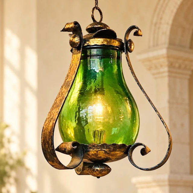 Hanging lamp - hand-blown artisanal, Wrought iron