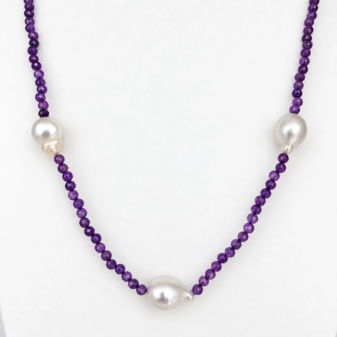 No reserve price - Necklace - 18 kt. Yellow gold Pearl - Amethyst - South Sea