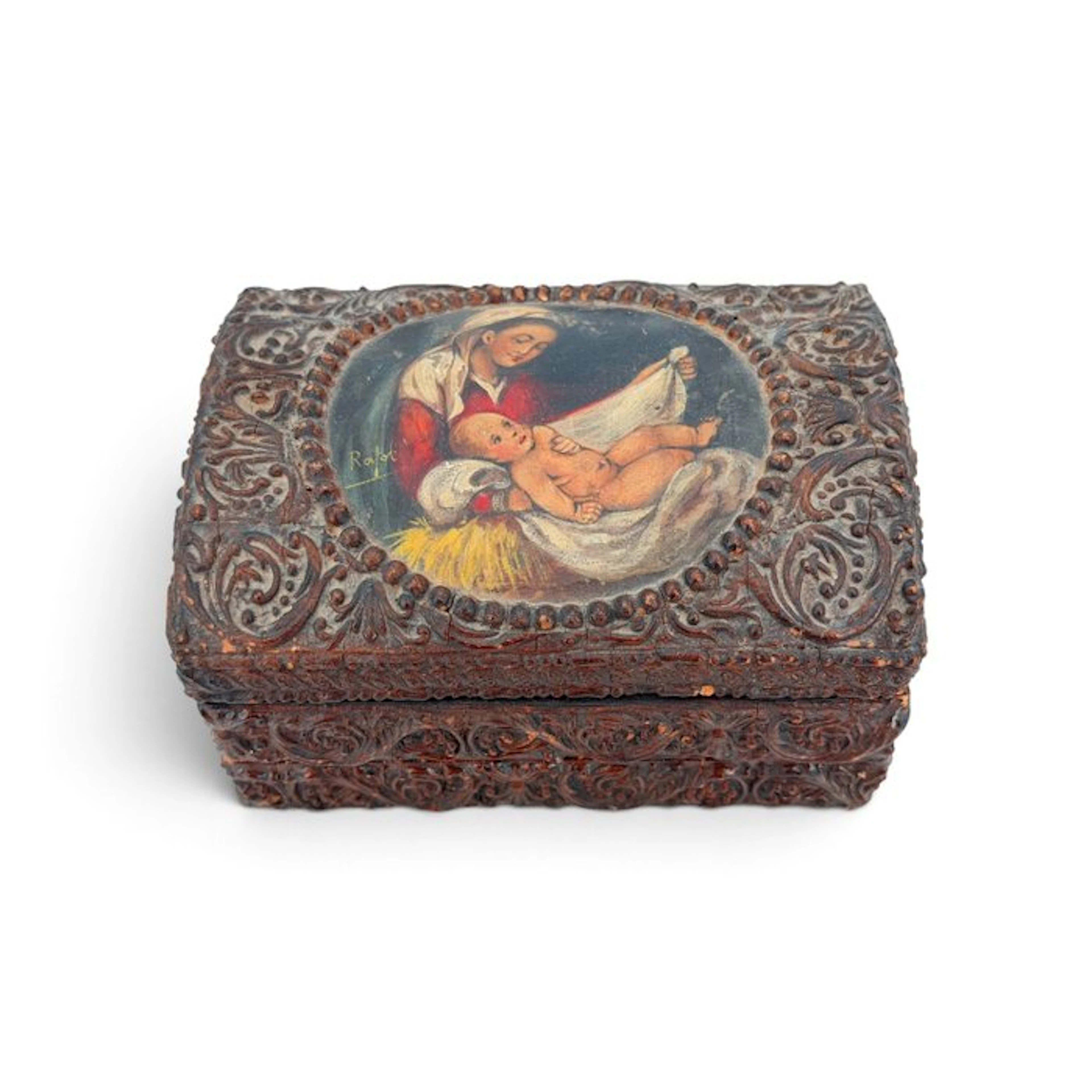 Box - Painted in oil - Wood - Virgin and Child scene