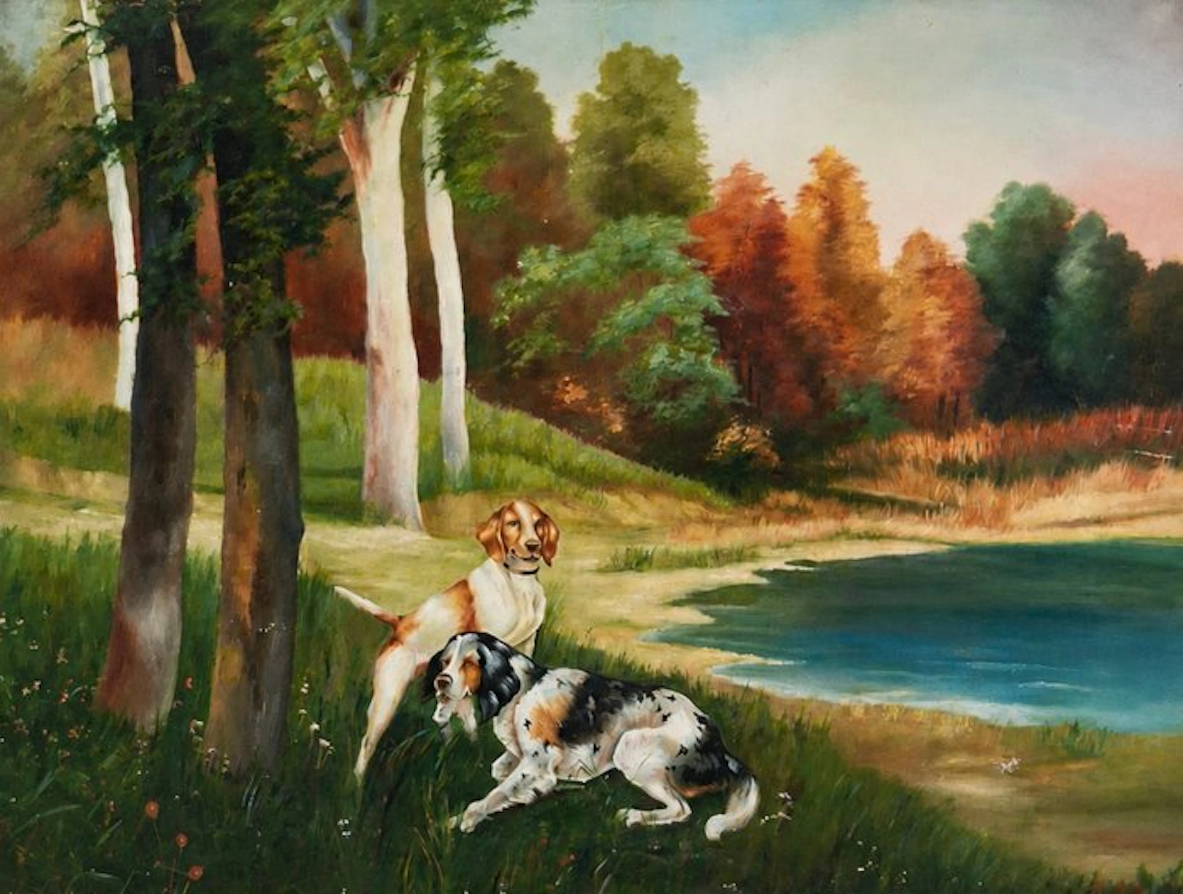 French school (XX) - Paesaggio lacustre con coppia di cani da caccia