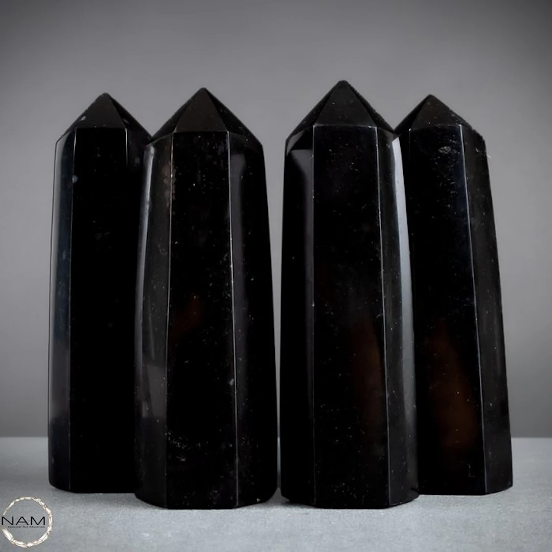 Black Tourmaline Obelisk Set – 4 Impressive Gemstone...