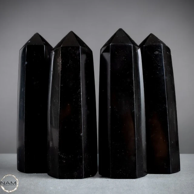 Black Tourmaline Obelisk Set – 4 Impressive Gemstone...