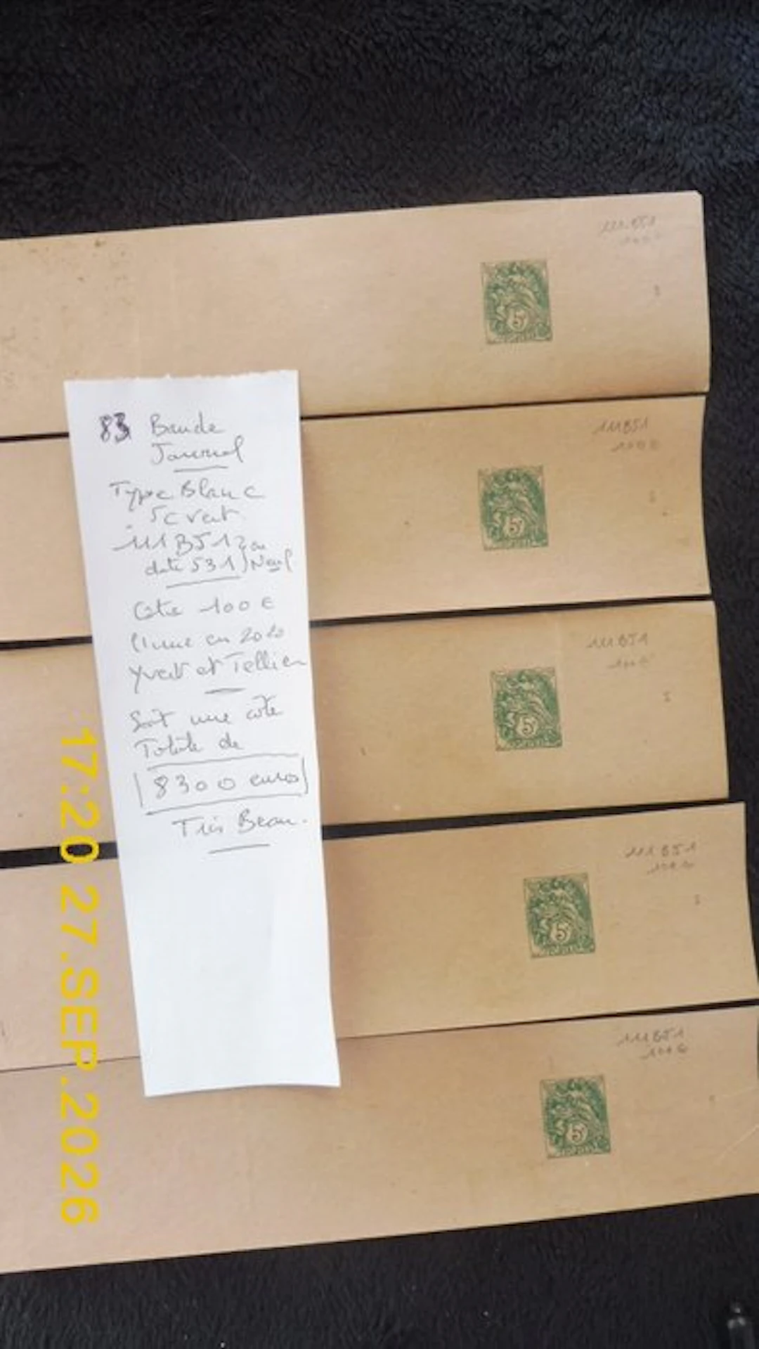 France - Lot 83 Journal strip 5c Green White Type Margin €8,300 in 2020