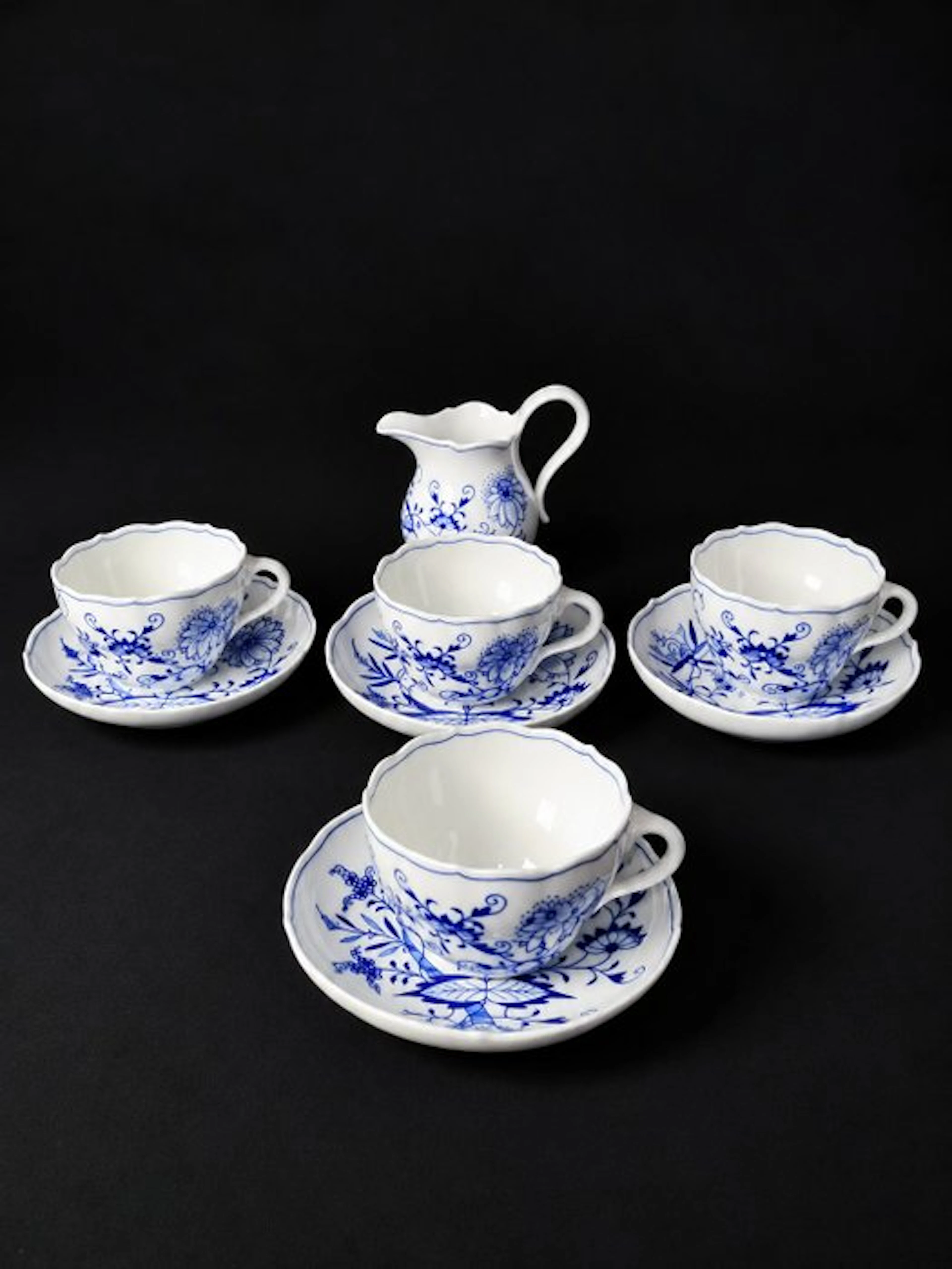 Meissen - Cipolla blu - 4 Tazze da caffè con piattini e...