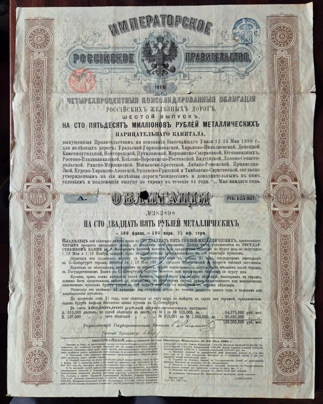 Russia. 125 Rubel - 1880 Gouvernement Imperial Russie...
