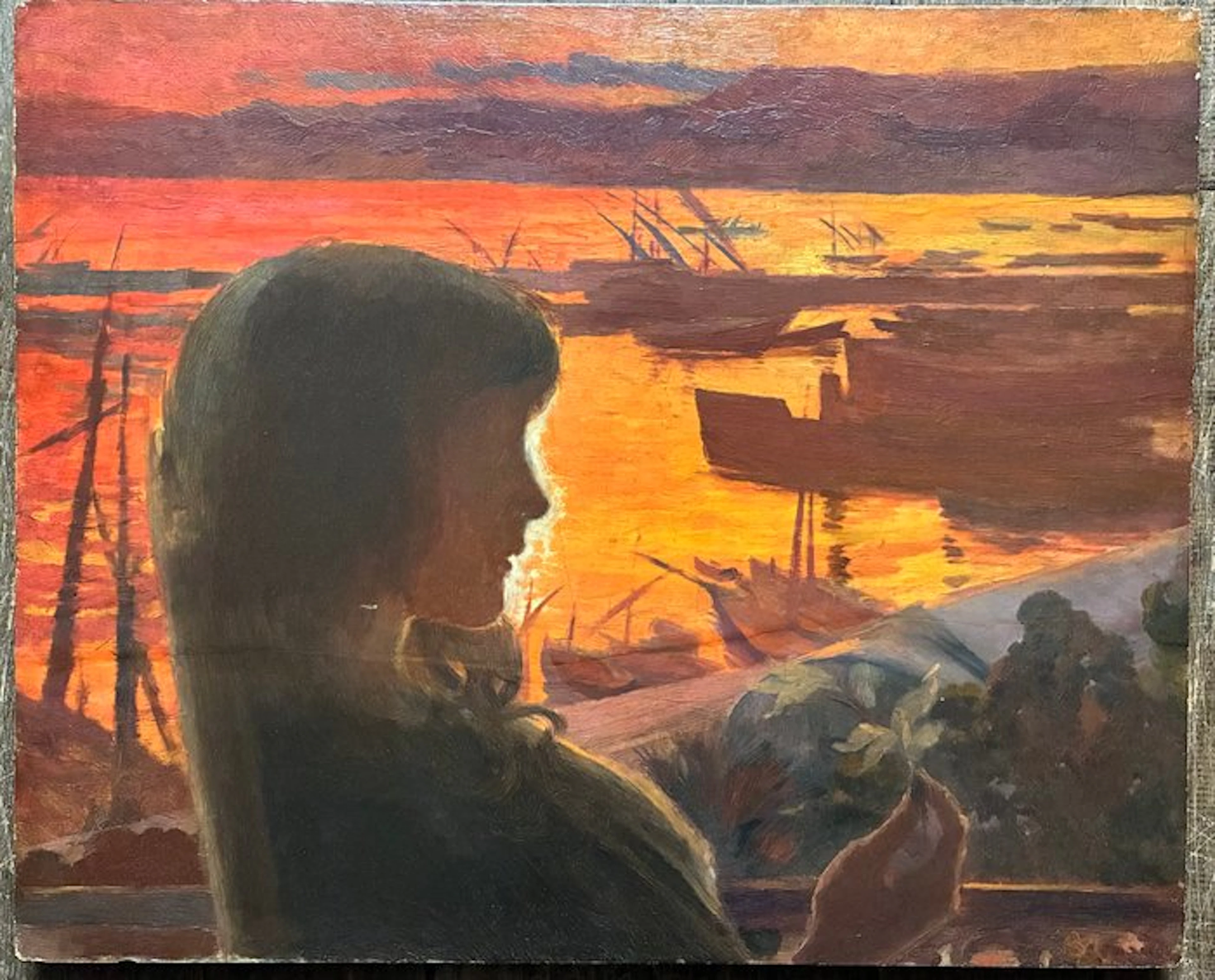 Albert Besnard (18489-1934) - Jeune femme tant une fleur devant un port